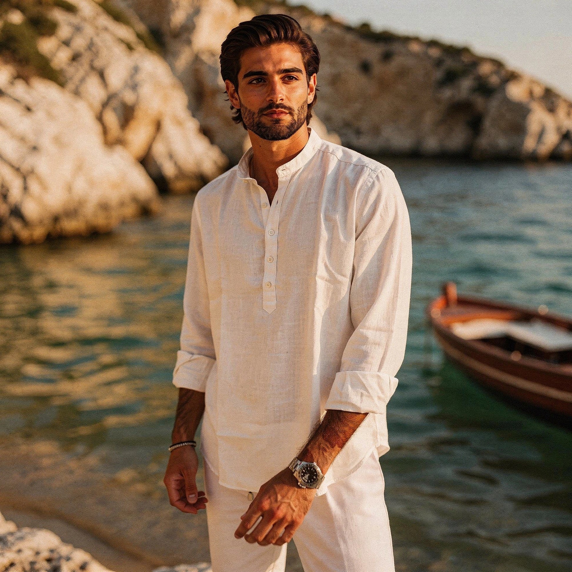 Lightweight summer henley shirt in light gray, featuring a three button placket and short sleeves, view