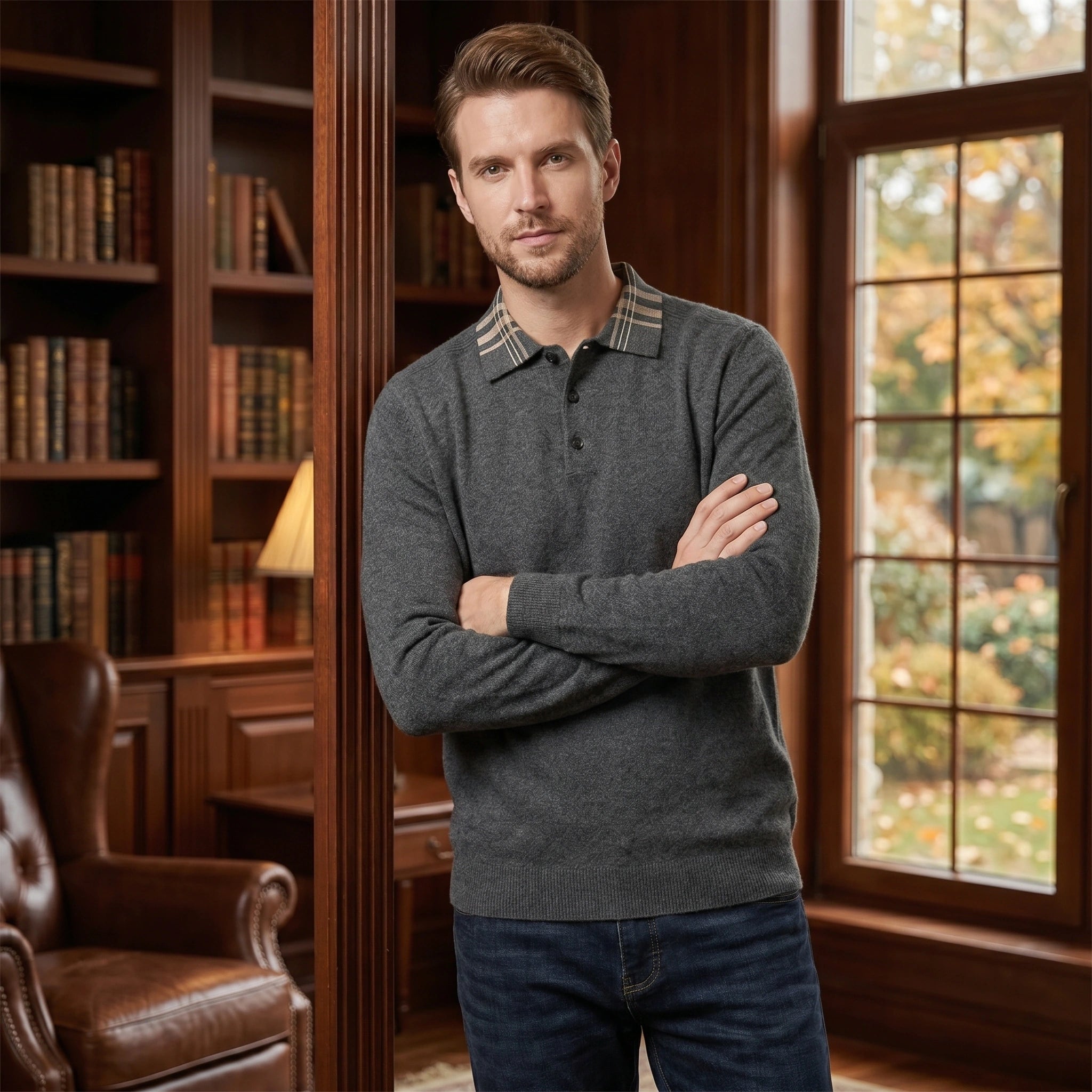 Front view of a model showing the Mens Classic Button Polo Sweater in a rich navy color, styled with tailored trousers against a neutral background.