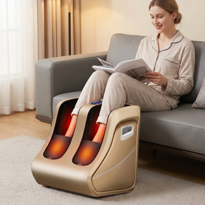 Front view of a model using the Soothing Shiatsu Foot Calf Massager with Heat, showing a sleek design against a calming neutral background.