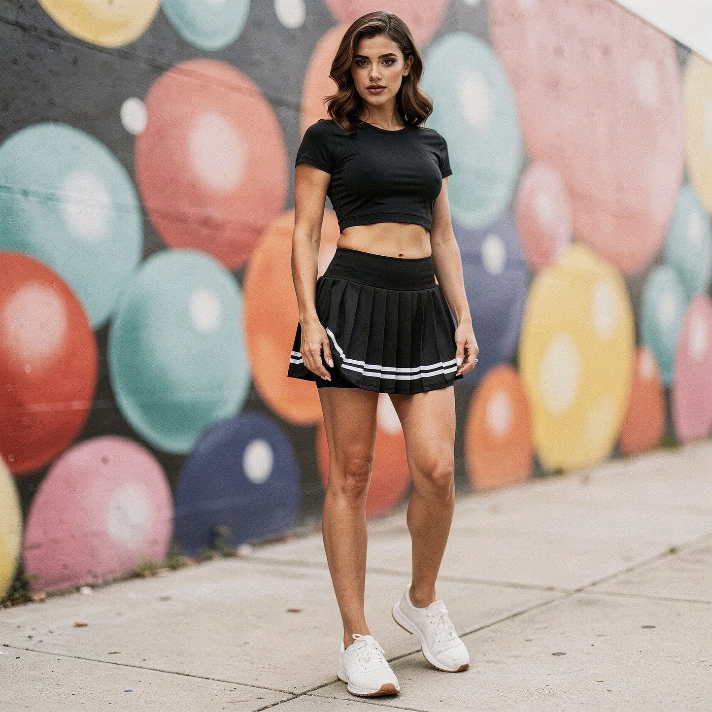 View of high waisted skort in navy blue, featuring sporty design and comfortable fabric for active wear