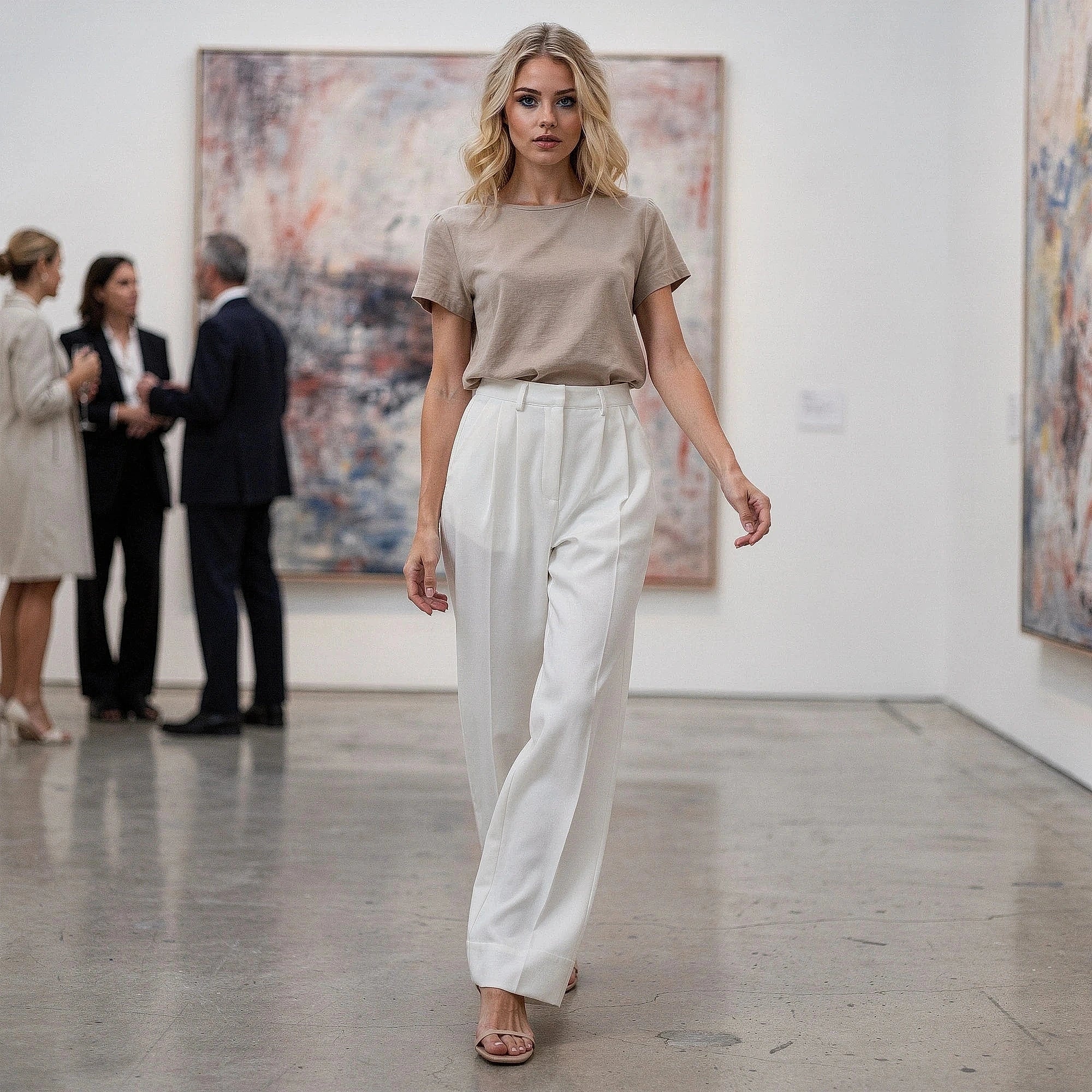 View of elegant high waisted wide leg pants in soft fabric, featuring a pleated and pockets