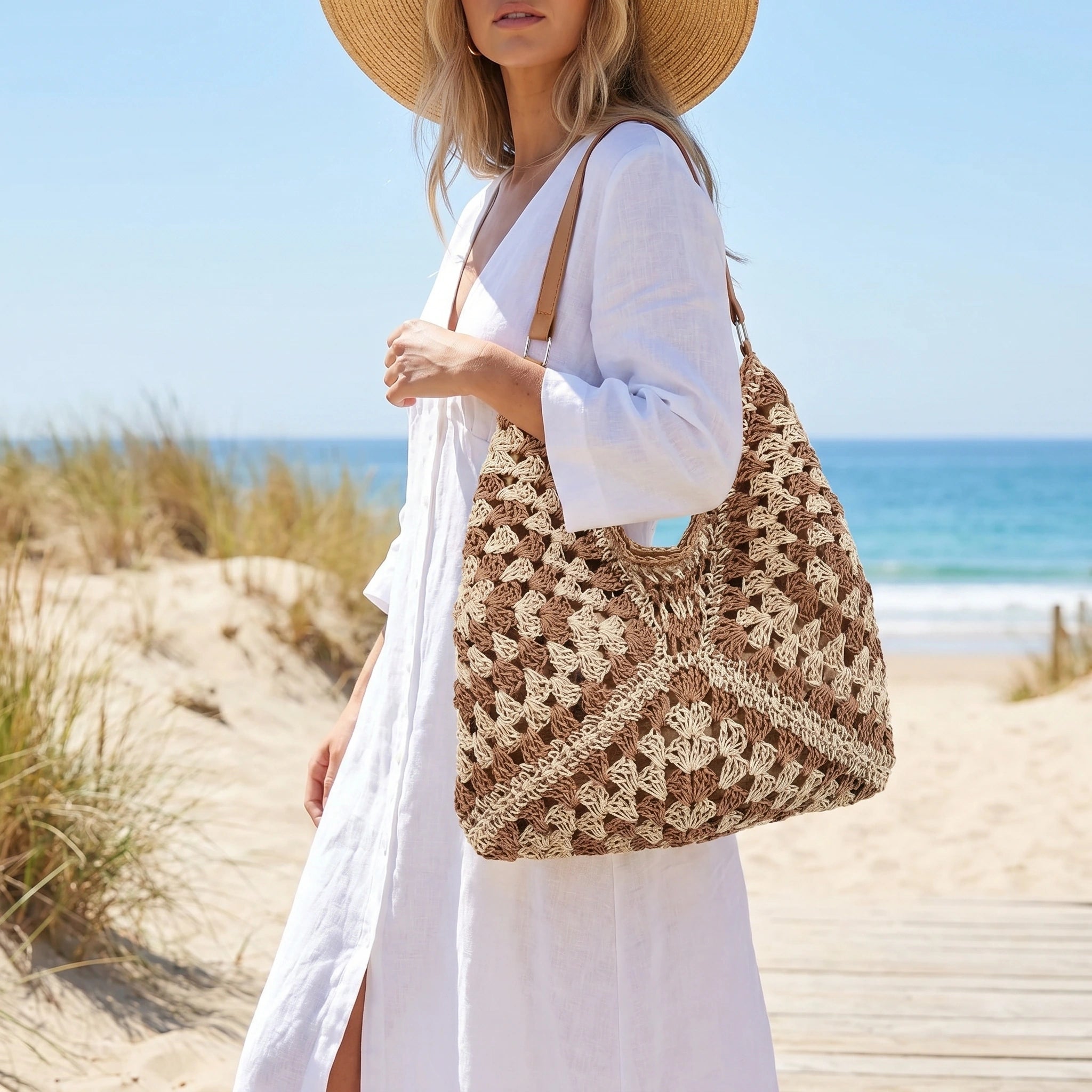 Back view of the Womens Woven Summer Bag showing its intricate woven design and sturdy construction, perfect for beach outings and leisure activities.