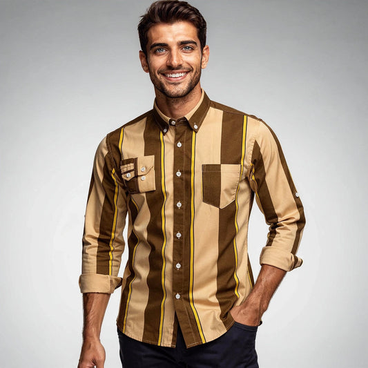 View of a stylish tailored cotton shirt in light blue, featuring a classic collar and button down