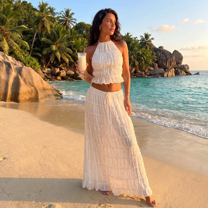 Close up view of the Womens Boho Maxi Set showing intricate stitching and soft, flowing fabric in a vibrant floral pattern, perfect for summer outings.