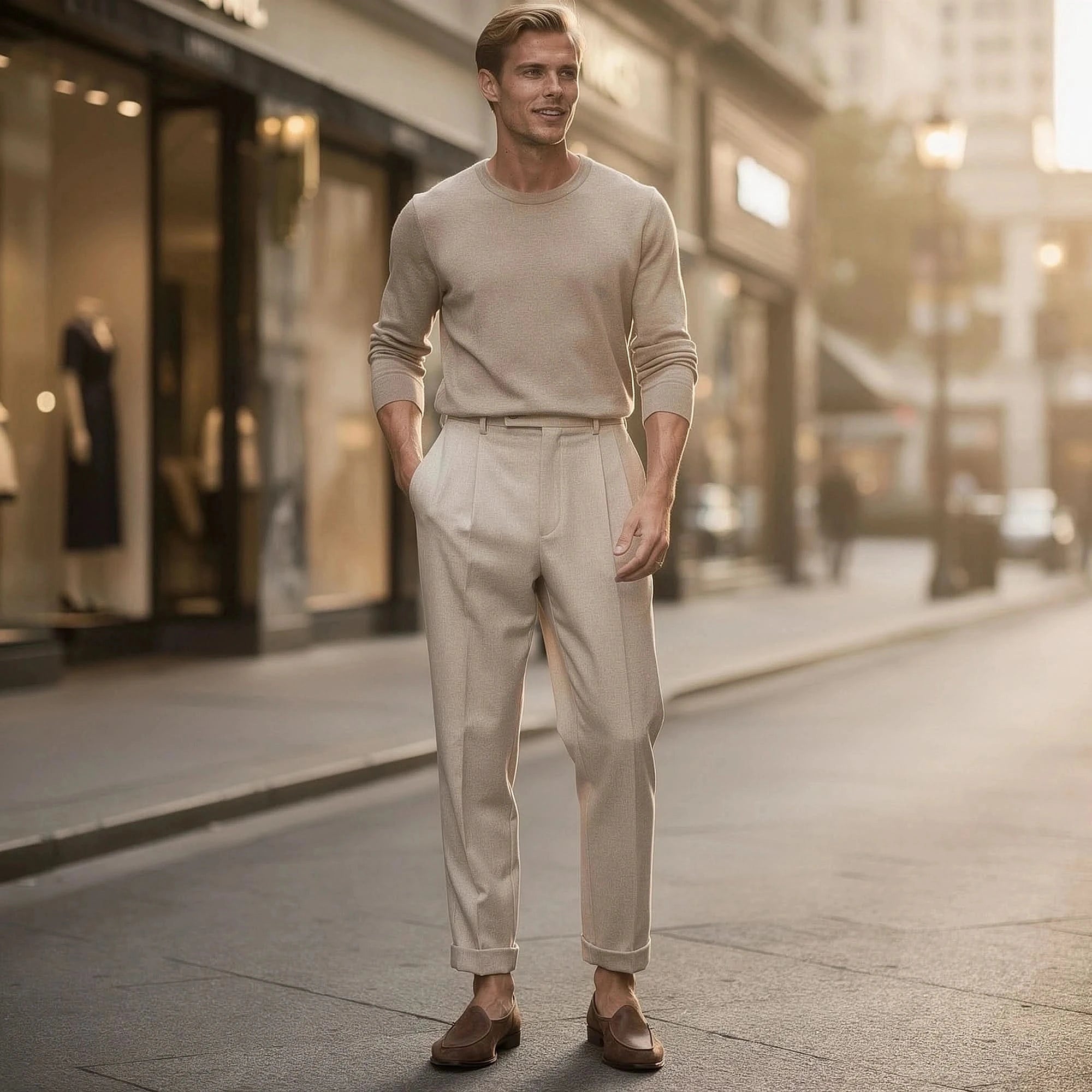 View of tailored high waisted straight trousers in charcoal gray, featuring a smooth fabric and crisp pleats