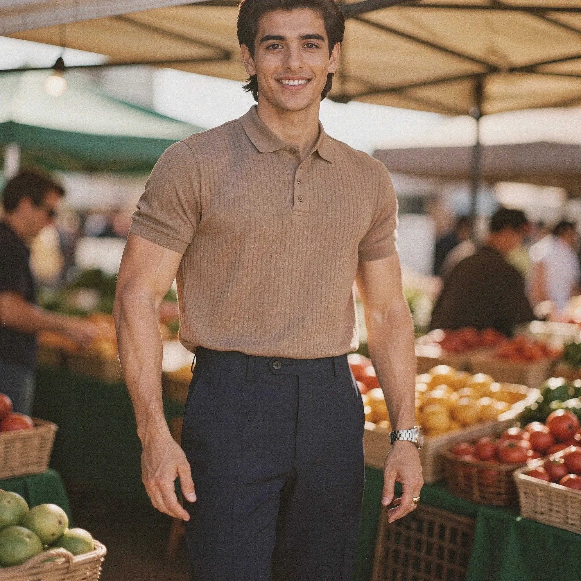 View of a slim fit short sleeve polo t shirt in light blue, made from breathable cotton, showcasing a classic collar and subtle stitching
