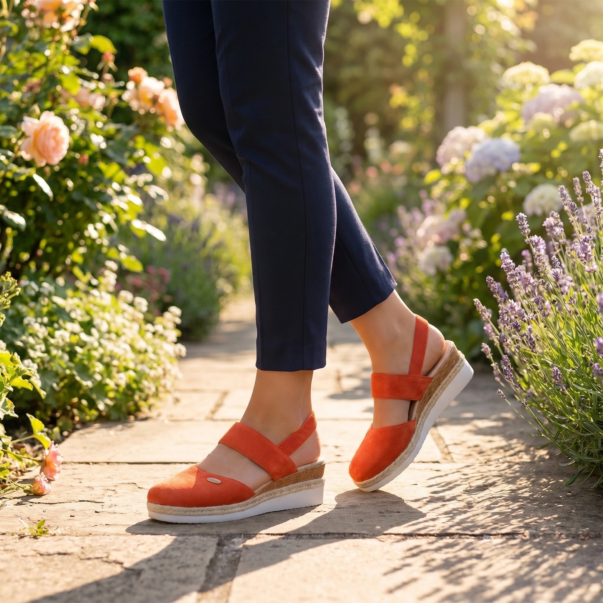 Front view of a model showing comfortable summer sandals paired with a light, flowy dress against a bright outdoor background, perfect for warm weather outings.