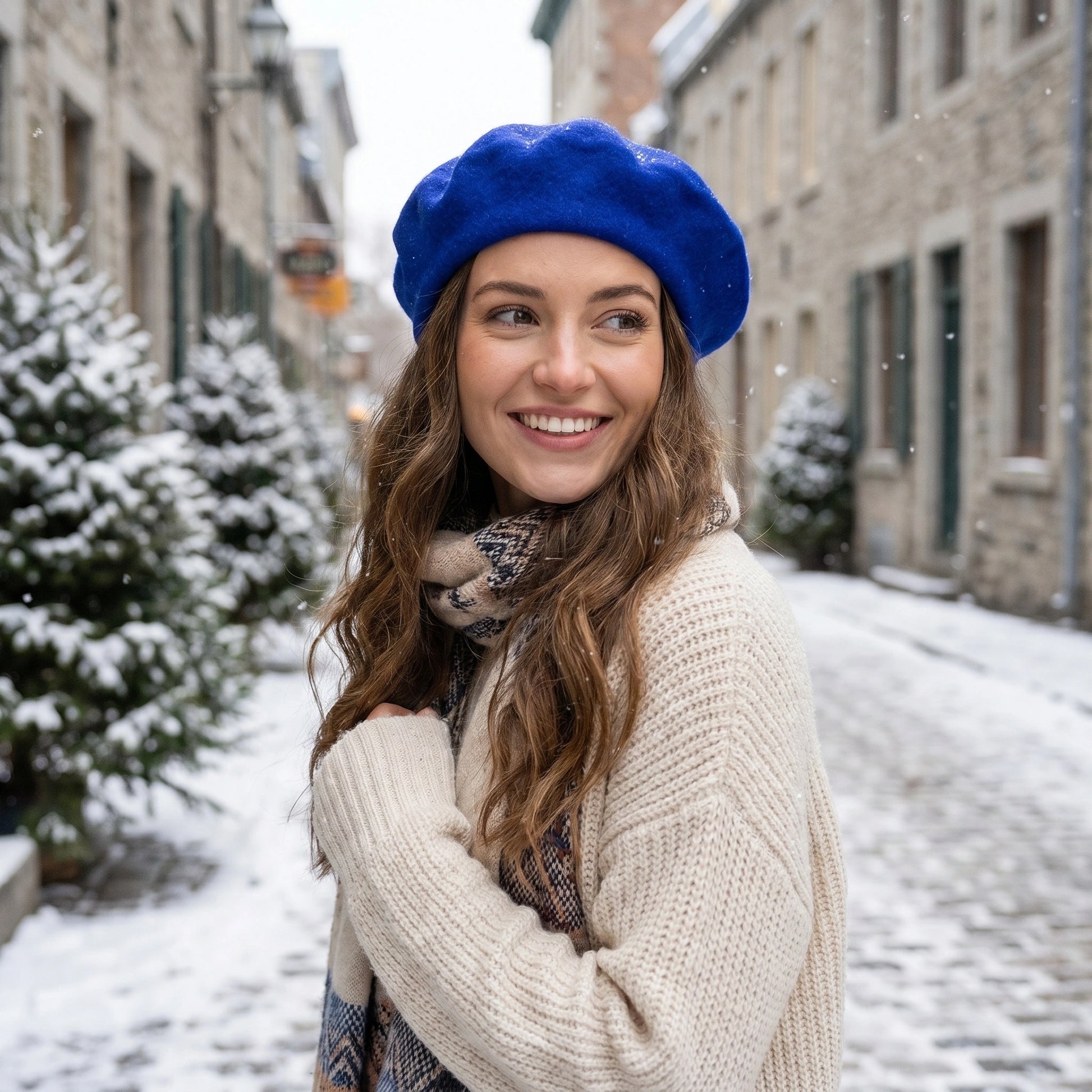 Close up view of the Womens Timeless Classic Wool Beret showing intricate stitching and soft fabric texture, perfect for elevating winter outfits.