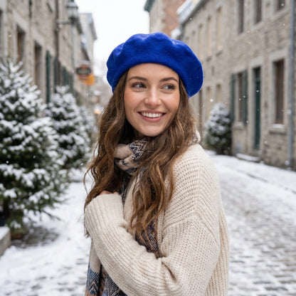 Close up view of the Womens Timeless Classic Wool Beret showing intricate stitching and soft fabric texture, showing its winter style.