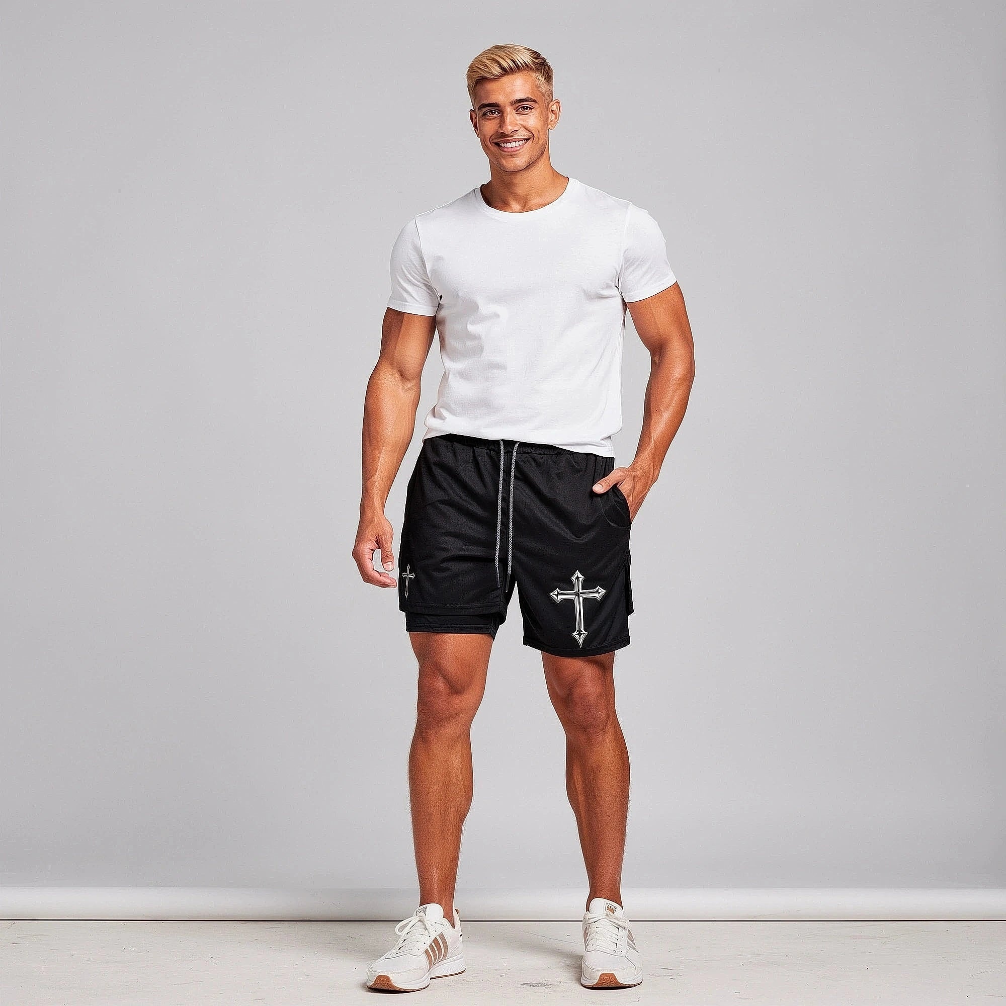 View of relaxed fit activewear shorts in charcoal gray, featuring a lightweight material and built in liner