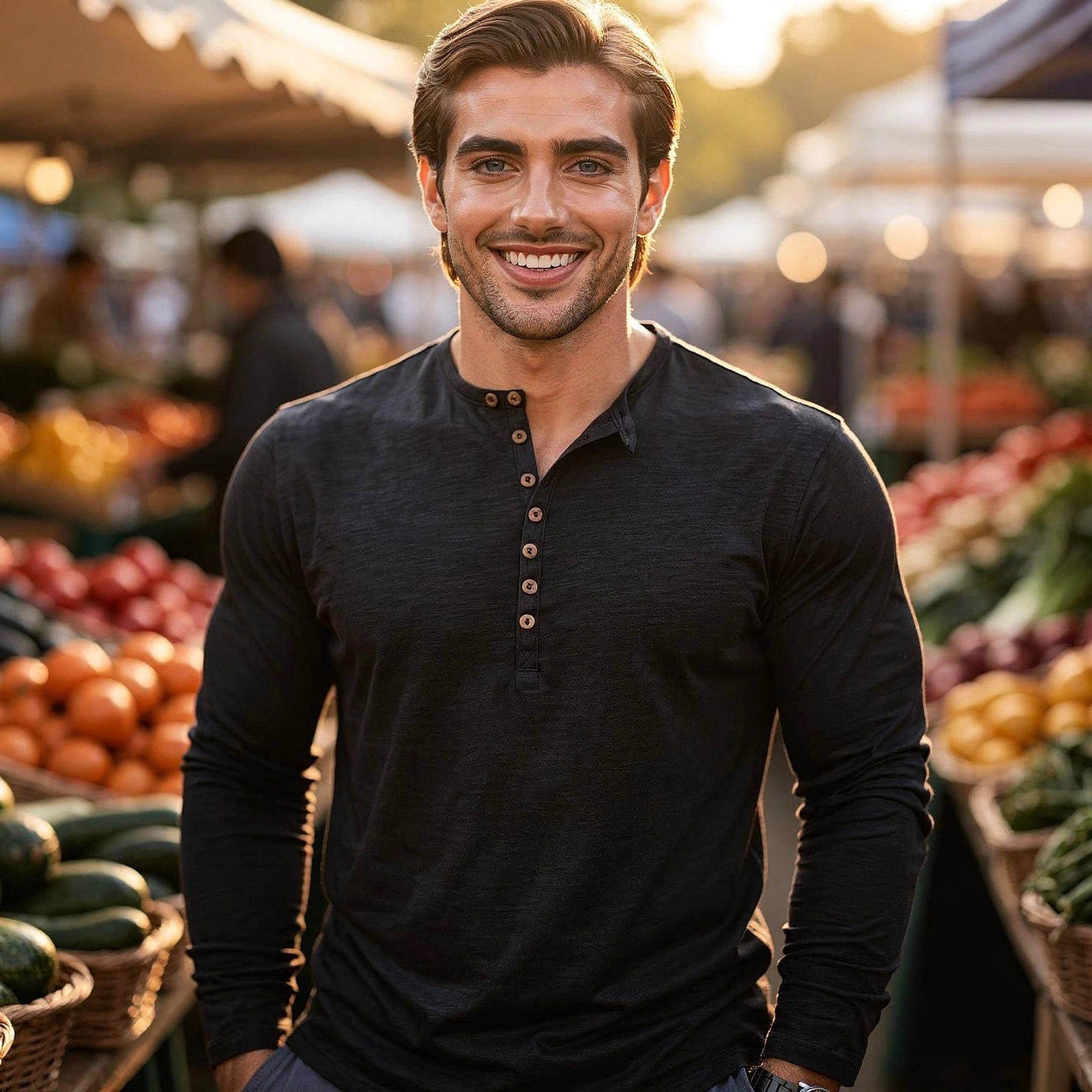 View of a light gray long sleeve henley shirt made from soft cotton, featuring a three button placket and ribbed cuffs