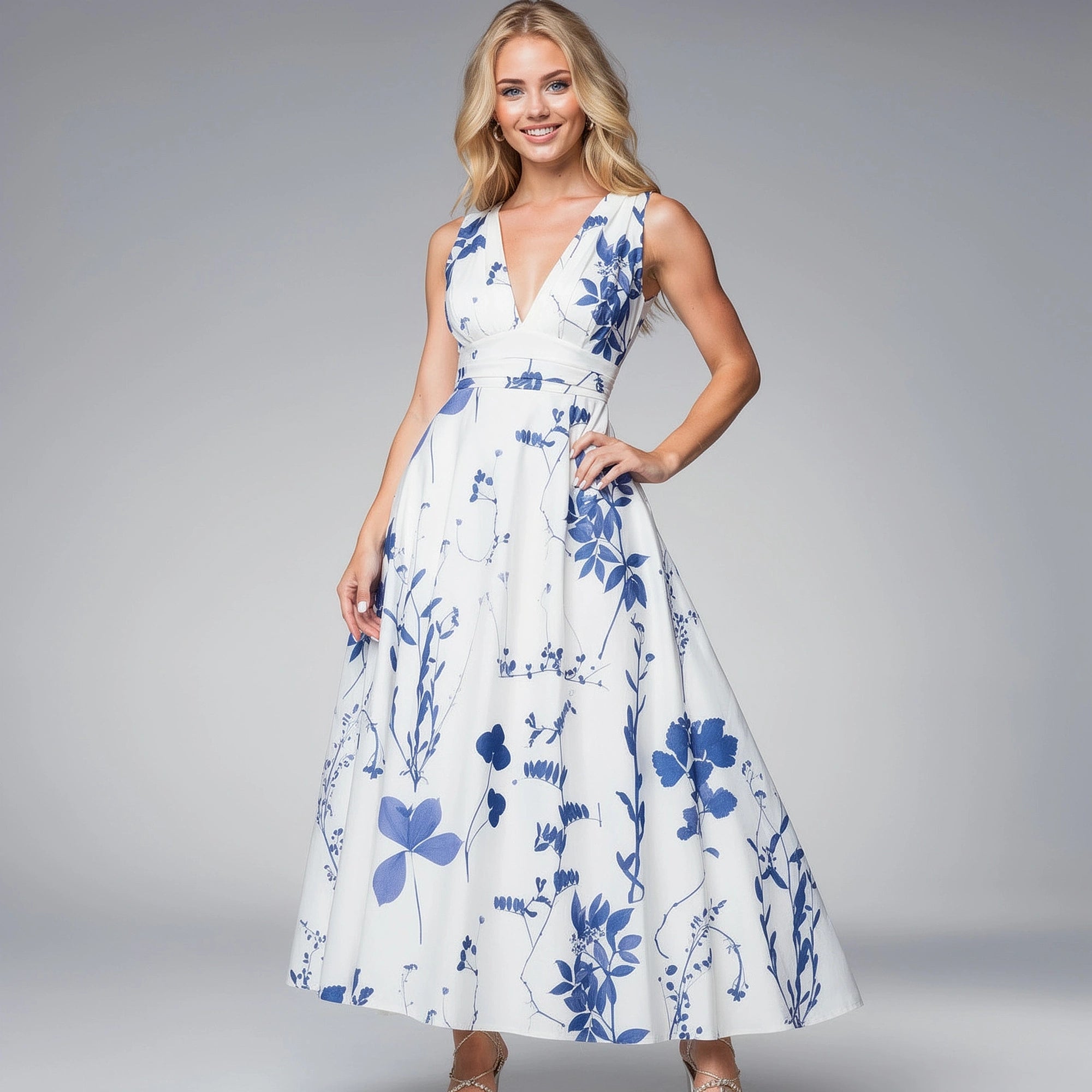 View of an elegant maxi dress in soft lavender fabric, featuring a flowing silhouette and delicate spaghetti straps