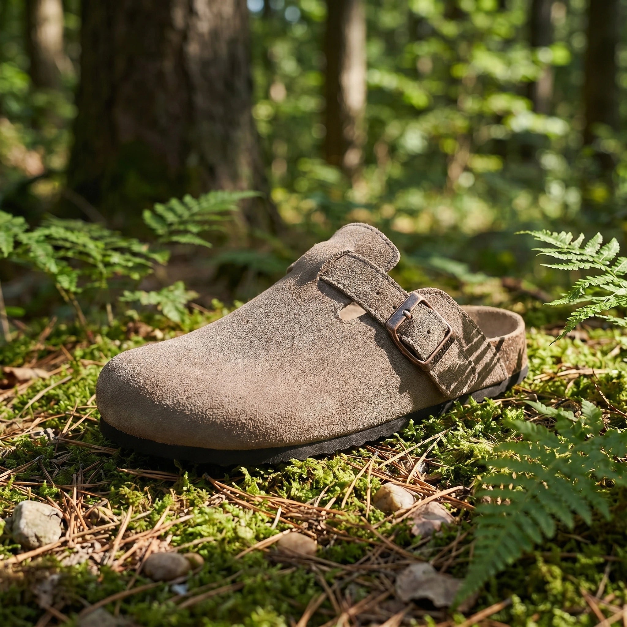Close up view of the soft suede material and detailed stitching of men's comfortable sandals, showing their quality and craftsmanship against a neutral background.