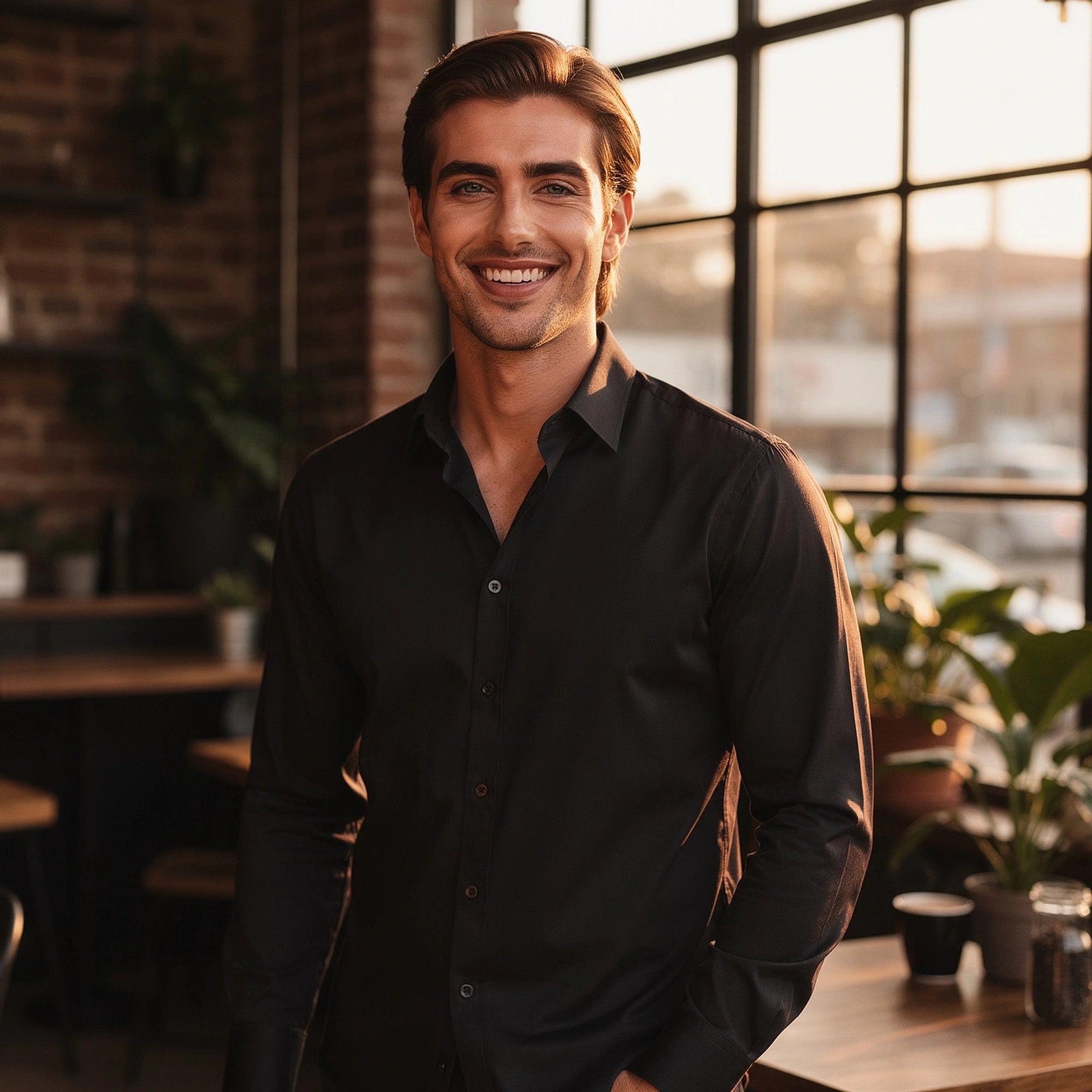 View of a tailored modern shirt in light blue fabric, featuring a crisp collar and subtle stitching details