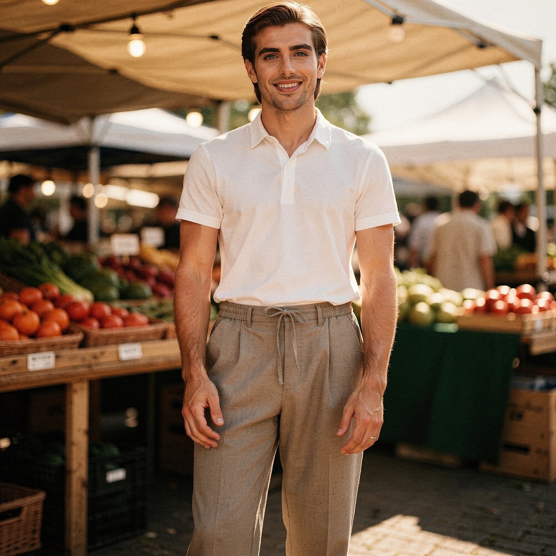 Lightweight summer trousers in a relaxed fit, featuring a soft fabric, pockets, and a neutral beige color, view