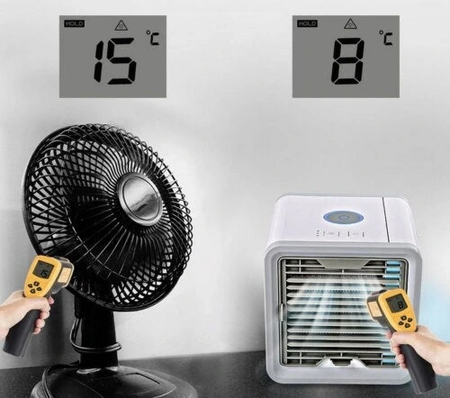 View showcasing the compact air cooler's controls and water tank, emphasizing its sleek design and versatile functionality