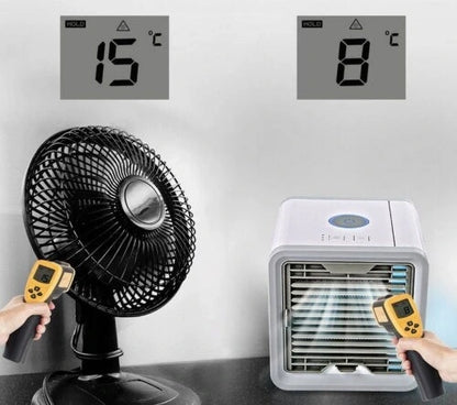 View showcasing the compact air cooler's controls and water tank, emphasizing its sleek design and versatile functionality