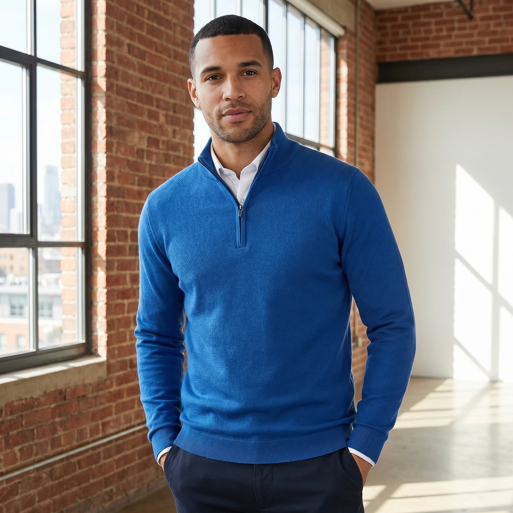 Back view of a men's fitted quarter zip sweater in navy, showing the mock neck and sleek construction details against a neutral background.