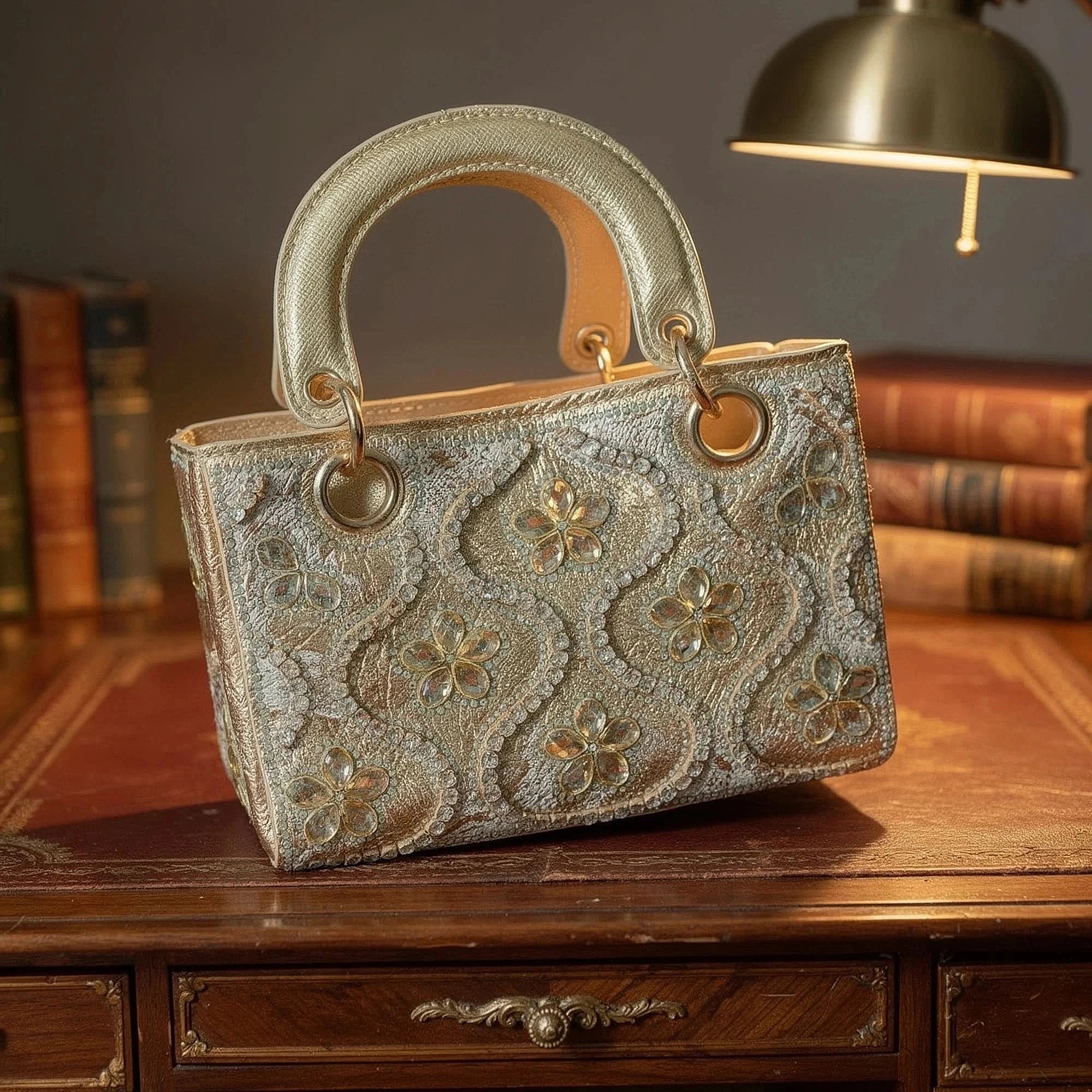 View of an elegant rhinestone evening crossbody bag in silver, featuring a sleek design and sparkling embellishments