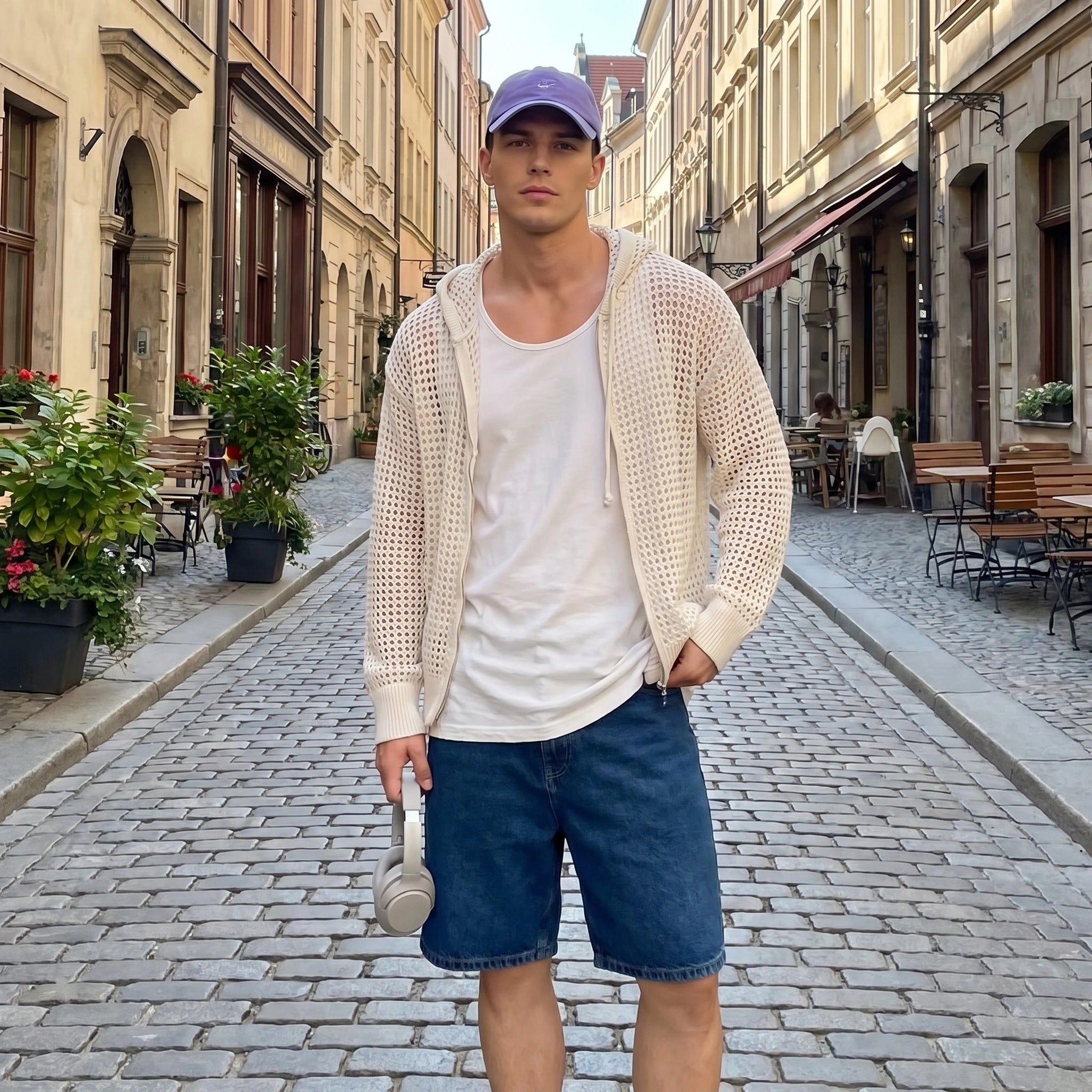 Close up view of the lightweight summer hoodie showing the soft fabric texture, neat stitching, and design details in a versatile neutral color.
