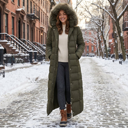 Close up of the Womens Quilted Winter Jacket showing the intricate stitching and luxurious fabric texture against a soft, neutral background.