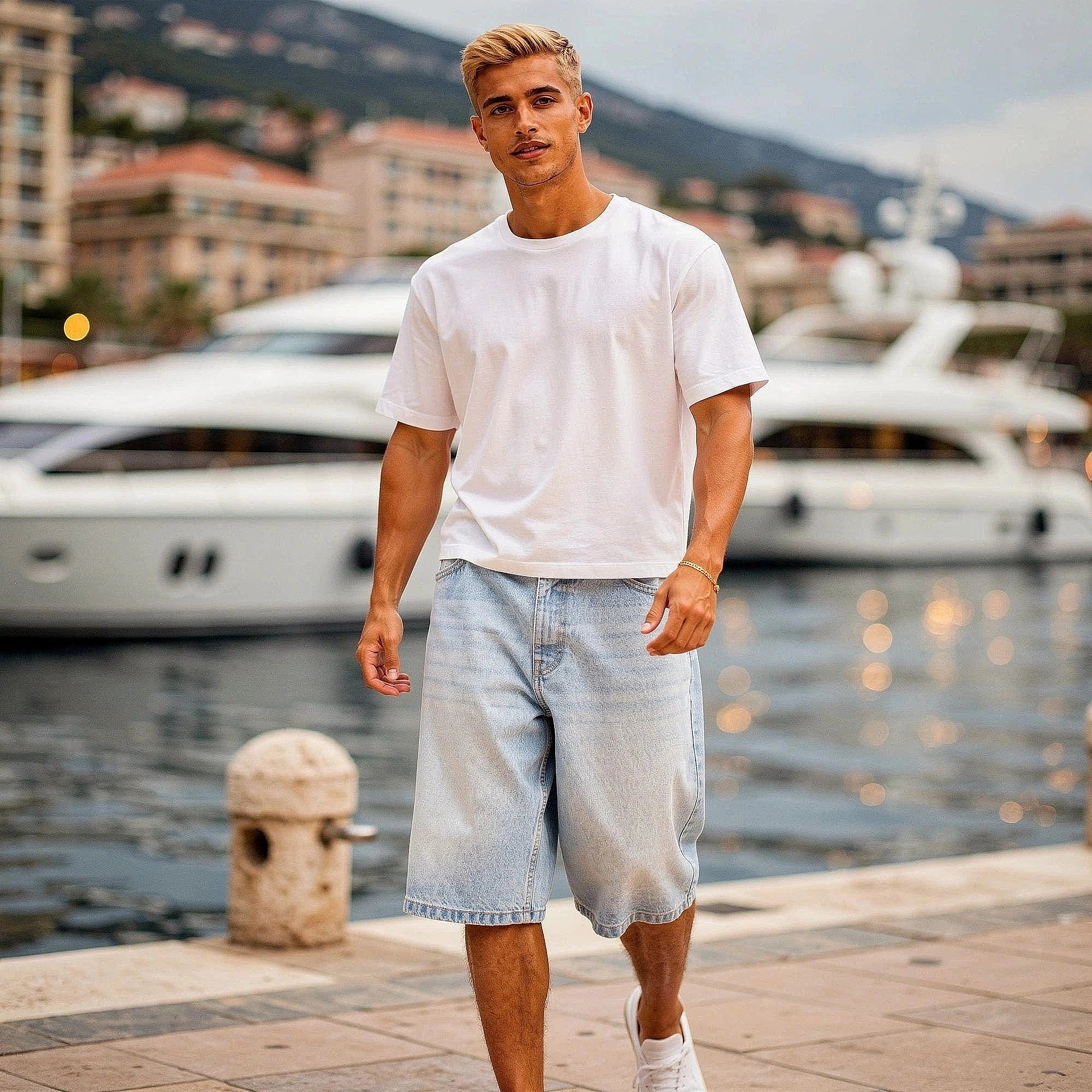 Light blue denim jorts with a loose fit, featuring a frayed hem and pockets, view