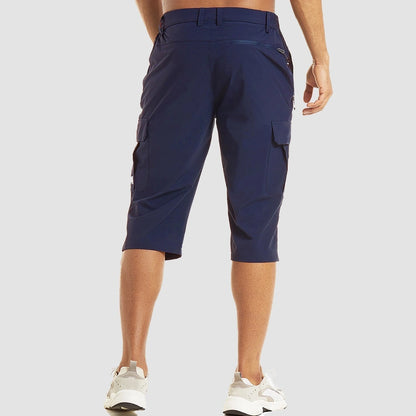 View of men's structured cargo shorts in khaki, featuring multiple pockets and a relaxed fit for summer wear