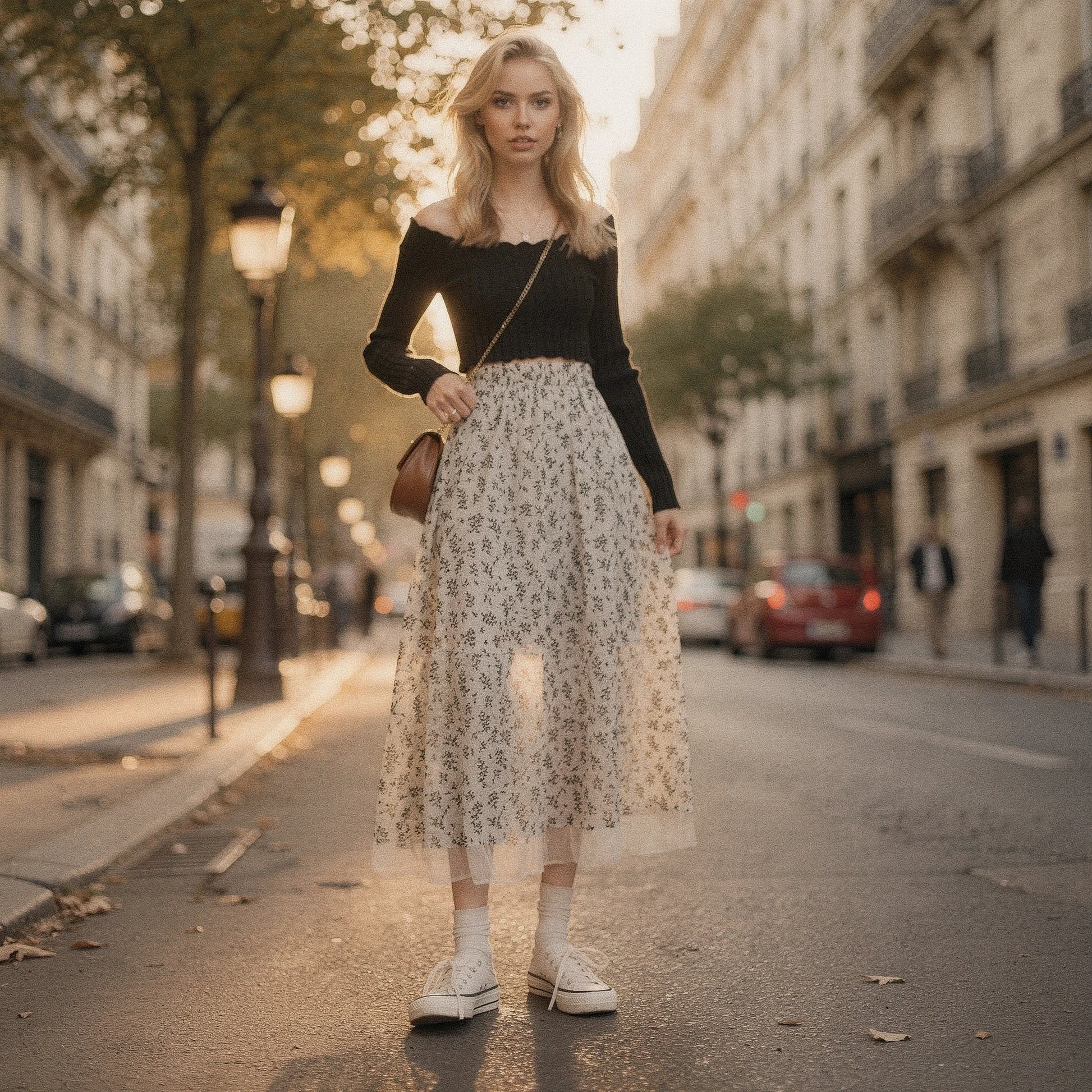 Light pink midi skirt made of flowy fabric, featuring a romantic floral pattern and a detailed view of the waistband