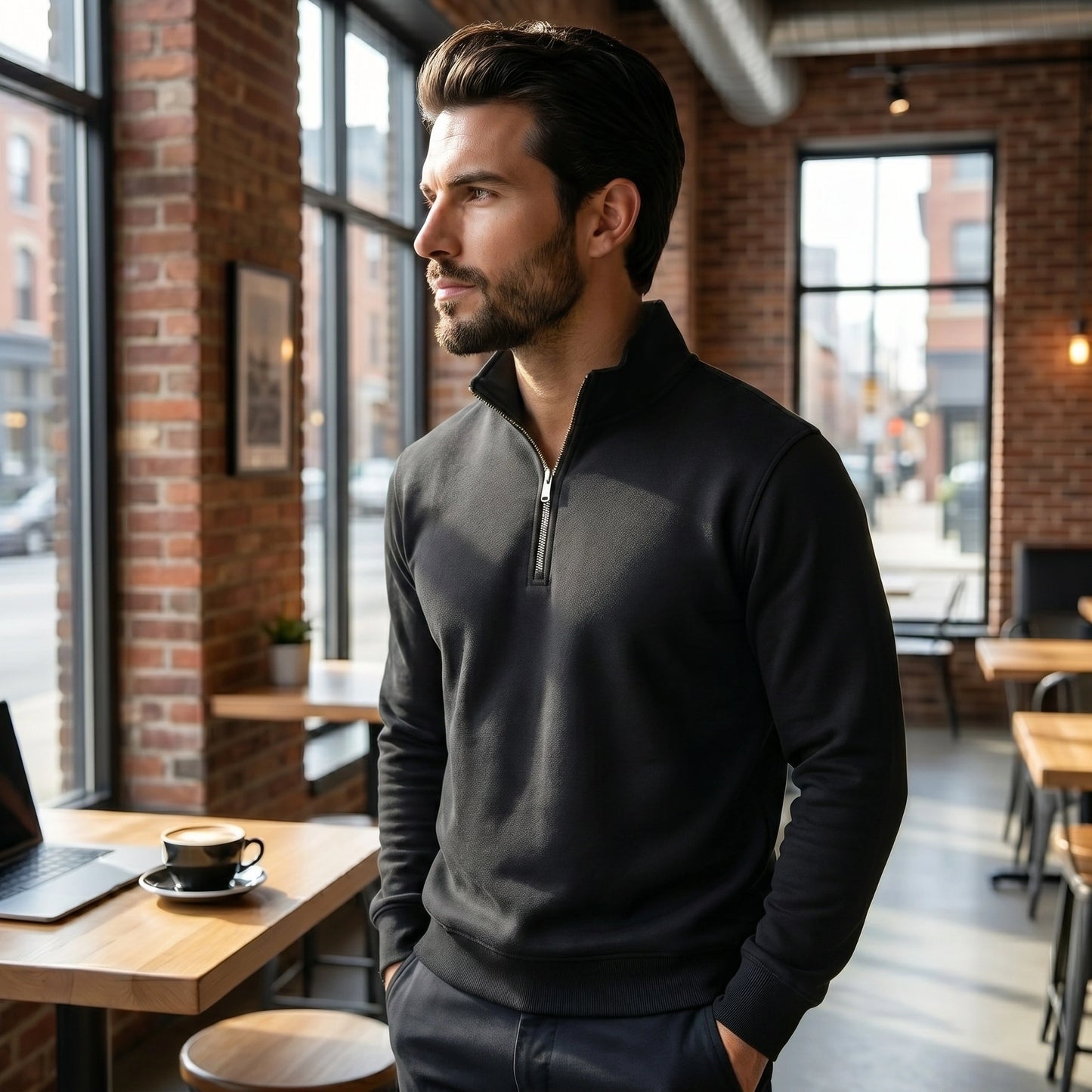 Back view of a men's quarter zip sweater in a rich navy color, showing the sleek construction and modern fit against a minimalist backdrop.