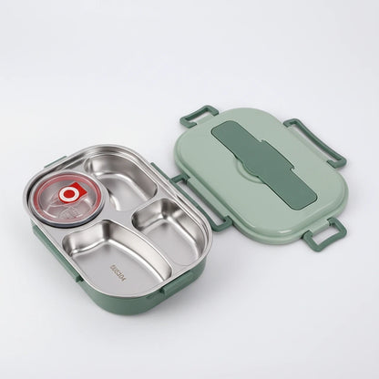 View of a contemporary stainless steel bento lunch box with a sleek design, featuring multiple compartments and a secure lid