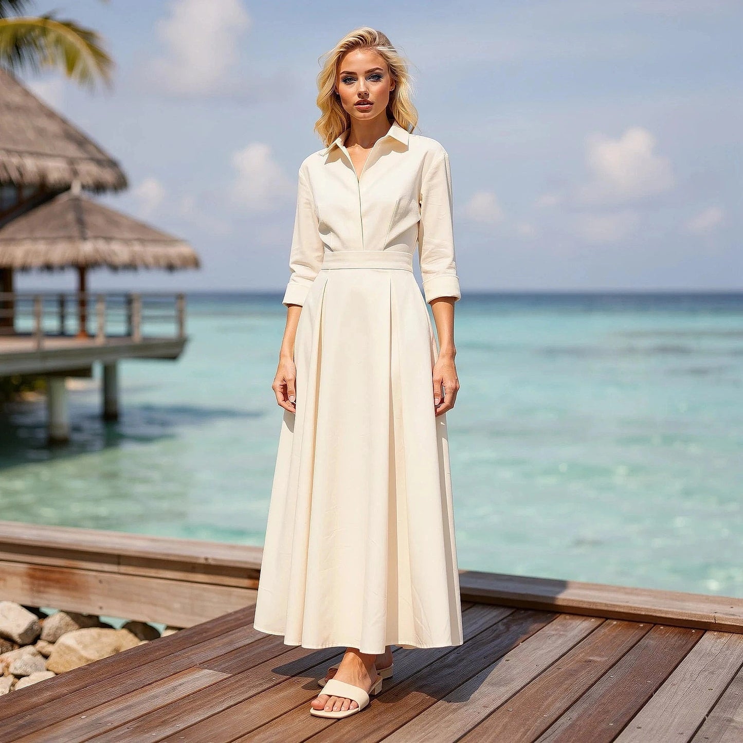 View of a flowing midi dress in soft fabric, featuring a button and a relaxed fit in a light pastel color