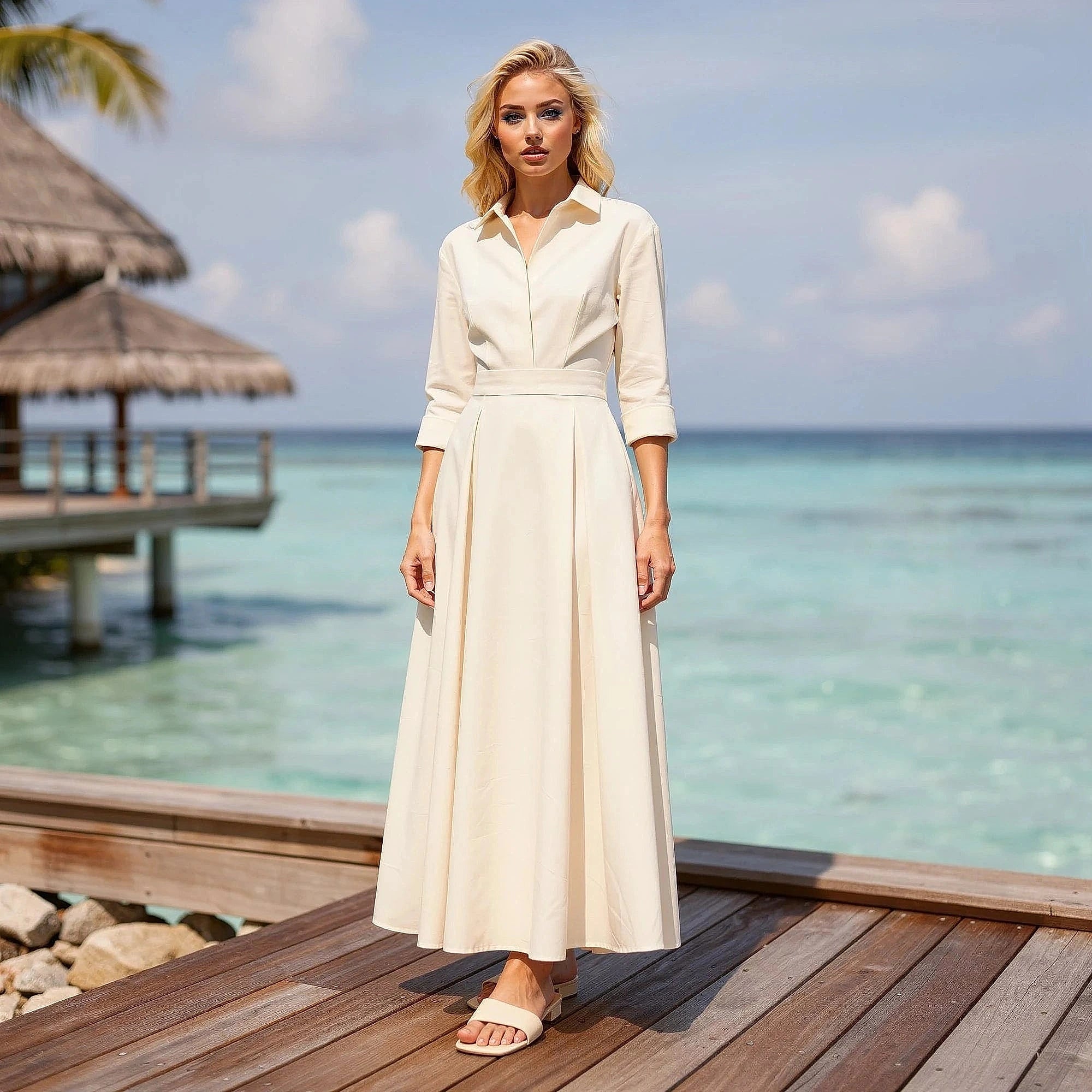 View of a flowing midi dress in soft fabric, featuring a button and a relaxed fit in a light pastel color