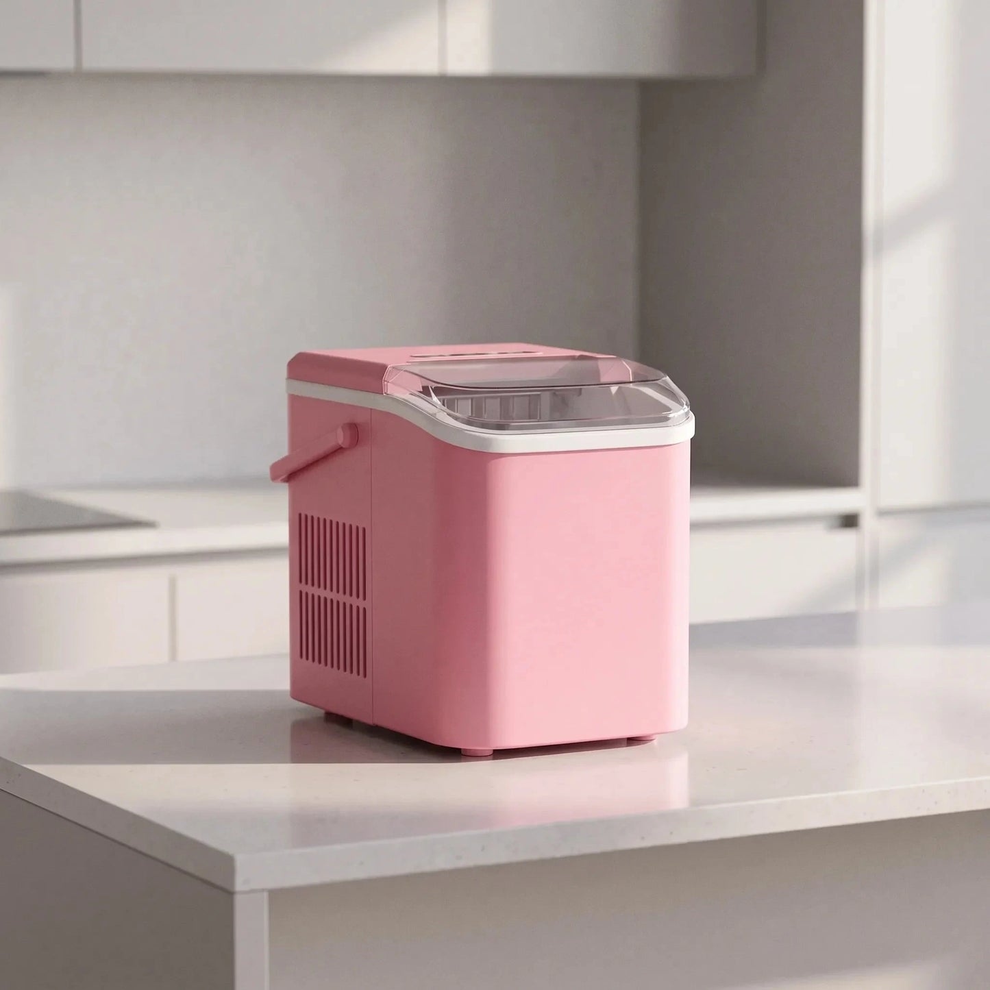 View of a compact ice maker showcasing its sleek design, easy access control panel, and portable size for convenience