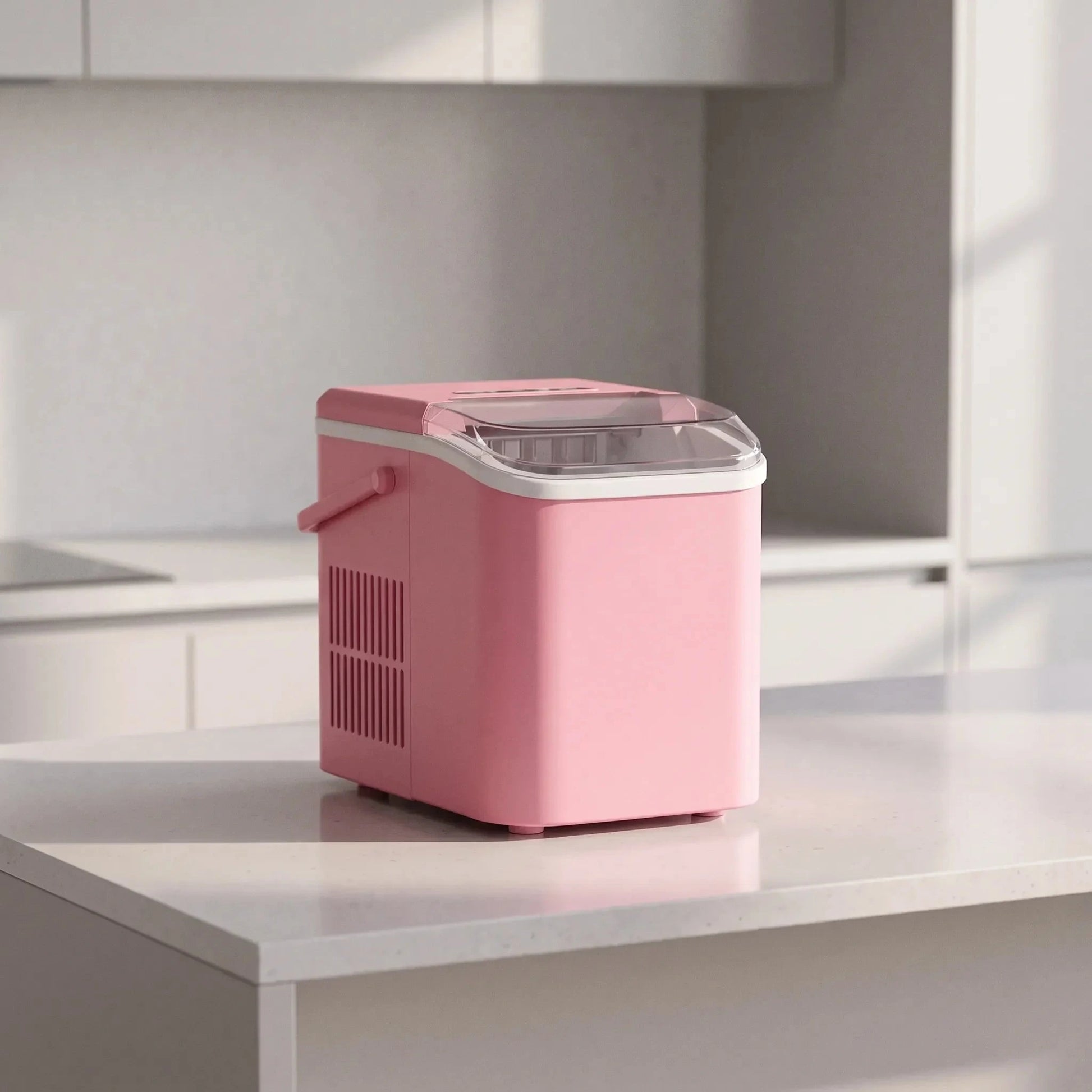 View of a compact ice maker showcasing its sleek design, easy access control panel, and portable size for convenience