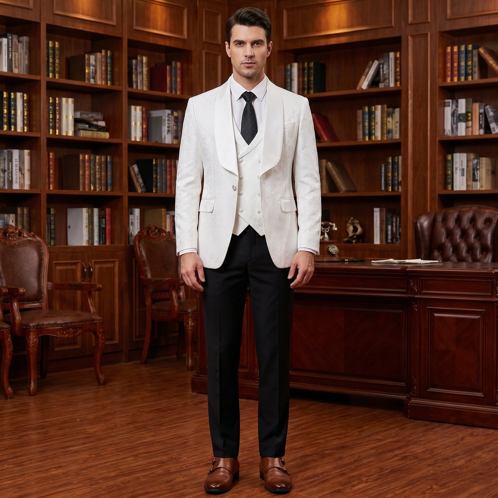 Back view of a model showing the Mens Slim Four Seasons Suit in a rich navy hue, showing tailored construction details against a neutral background.