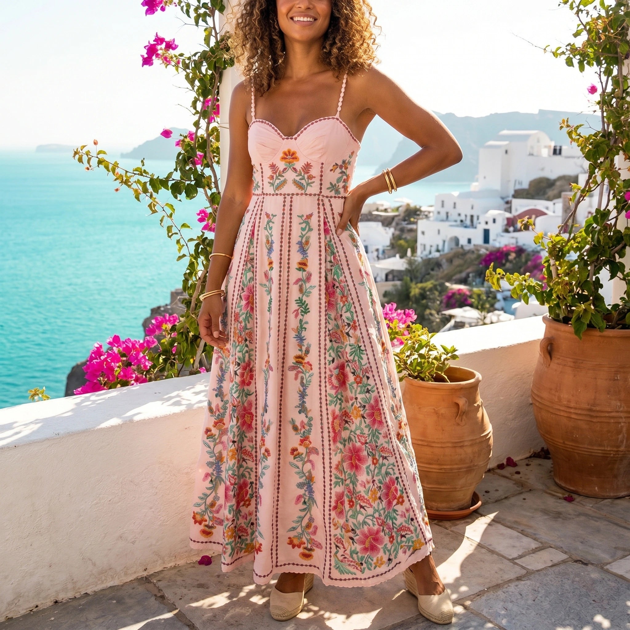 Close up of the Womens Playful Holiday Dress showing the vibrant fabric, intricate stitching, and playful design elements against a soft, neutral background.