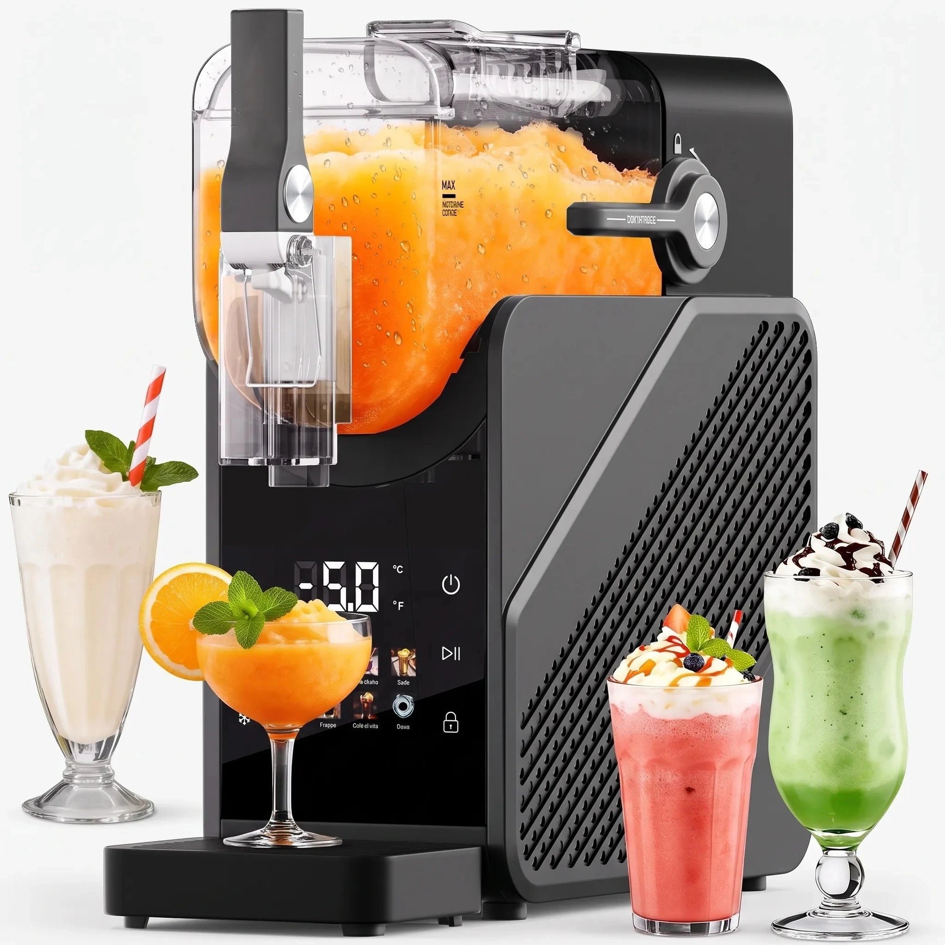 View showcasing the sleek design, digital touch panel, and functional components of the slushy maker machine