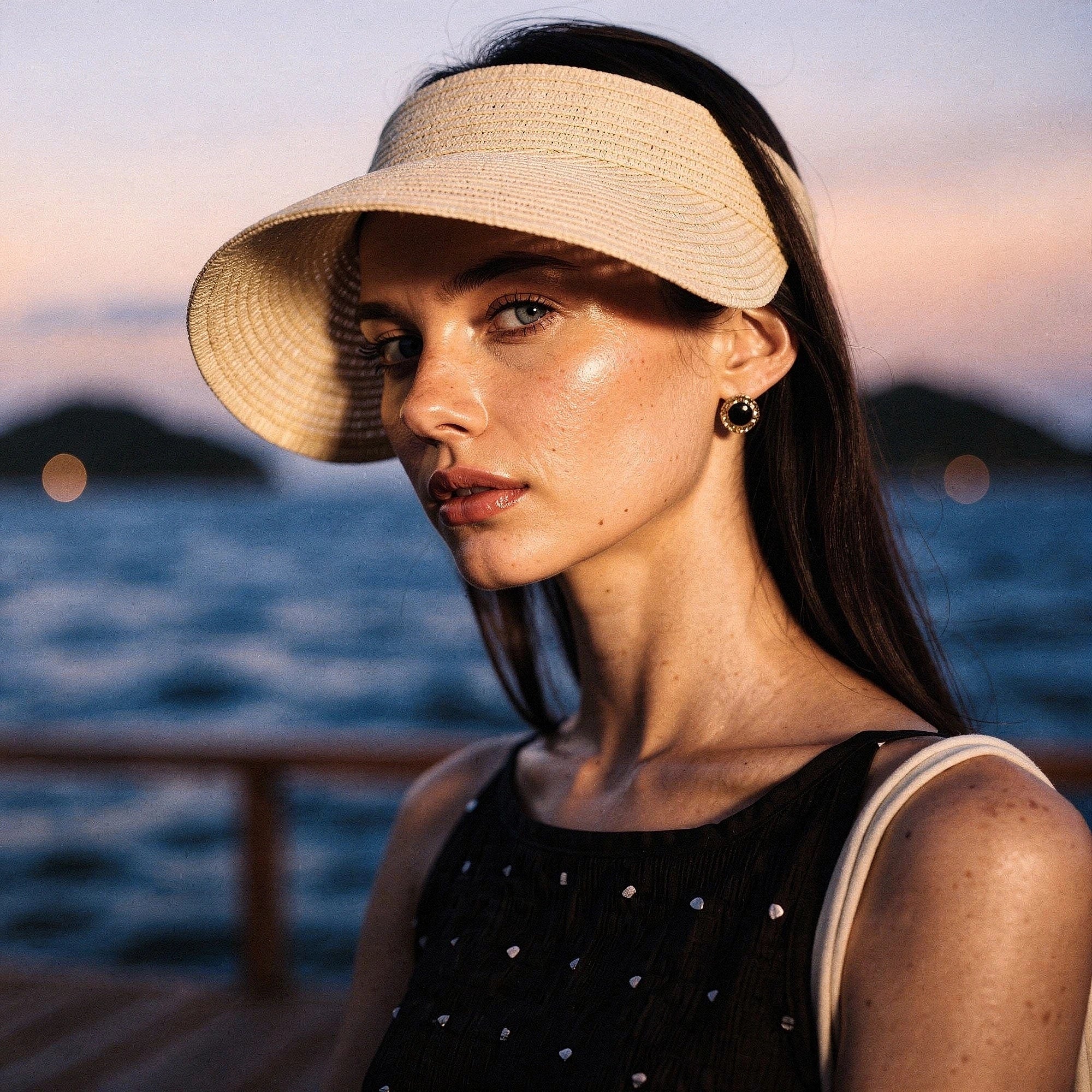 Light beige summer visor hat with a wide brim, made of straw, featuring a decorative bow at the