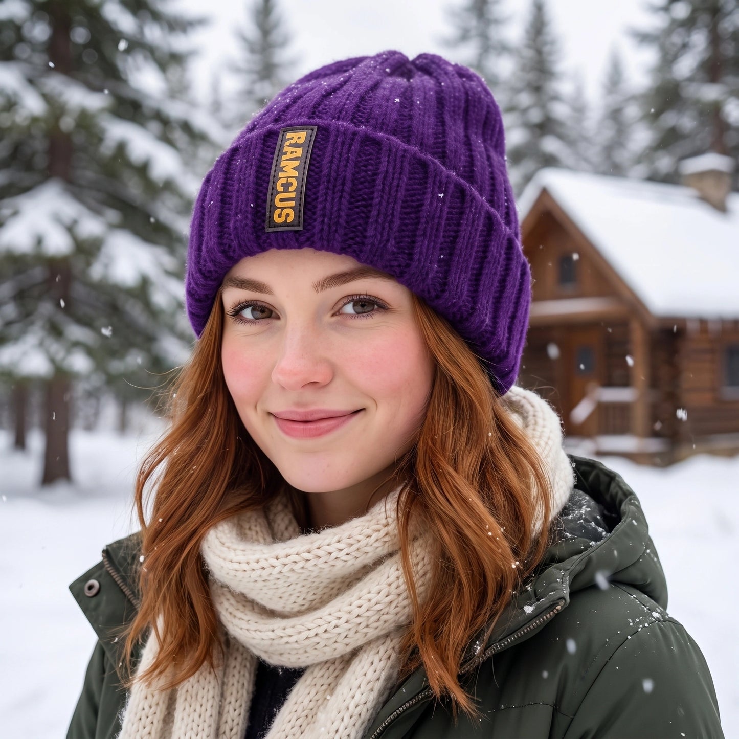 Close up view of the women's cozy knitted winter beanie showing intricate stitching and soft fabric texture, perfect for cold weather outfits.