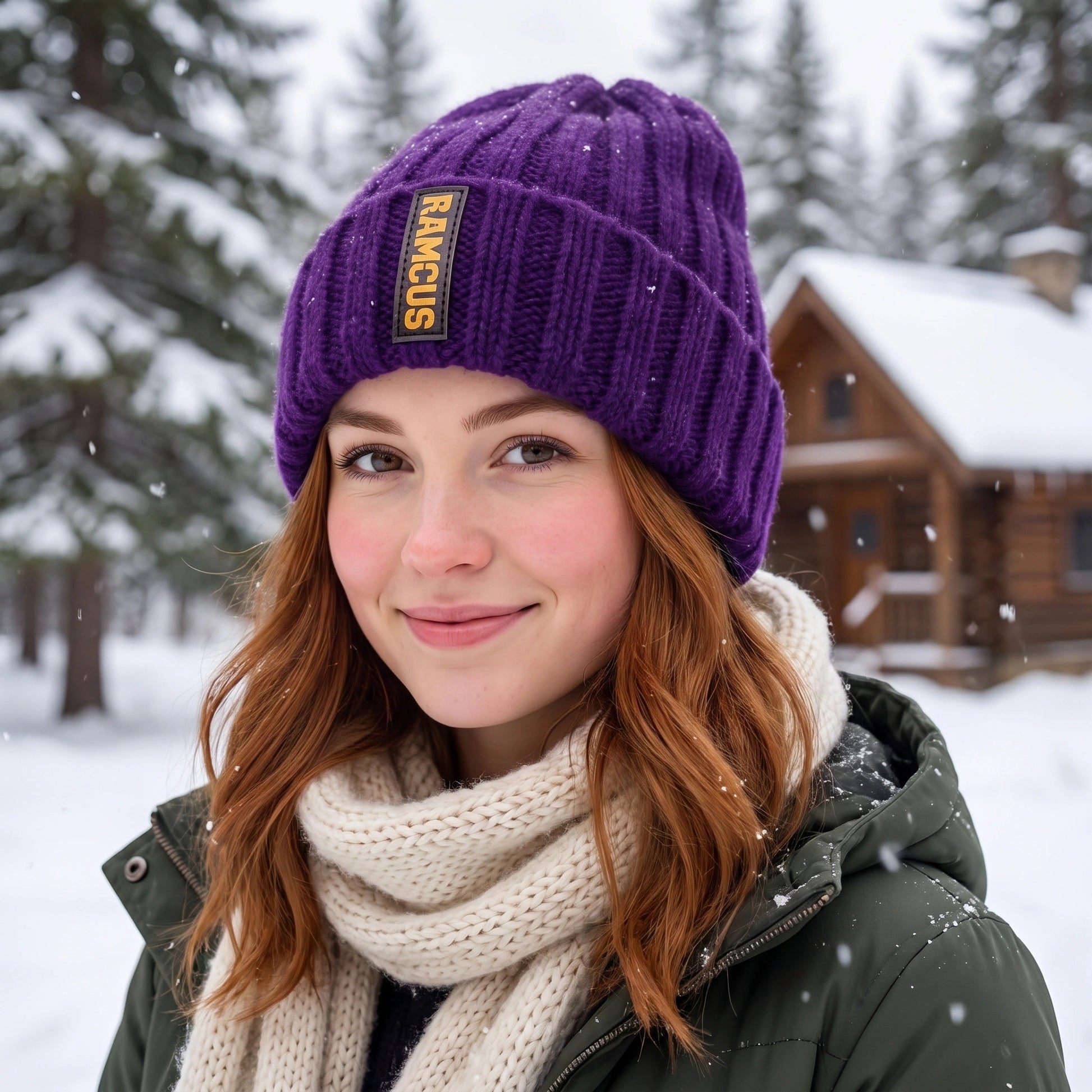 Close up view of the women's cozy knitted winter beanie showing intricate stitching and soft fabric texture, perfect for cold weather outfits.