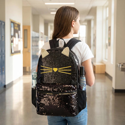 View of a playful shimmering cat face school backpack featuring a soft fabric, vibrant colors, and adjustable straps