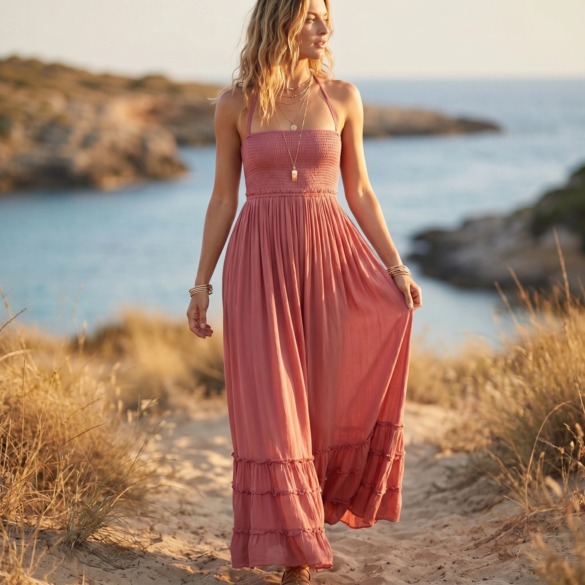 Close up view of the Womens Boho Maxi Dress showing intricate stitching and lightweight fabric, perfect for effortless summer styling.