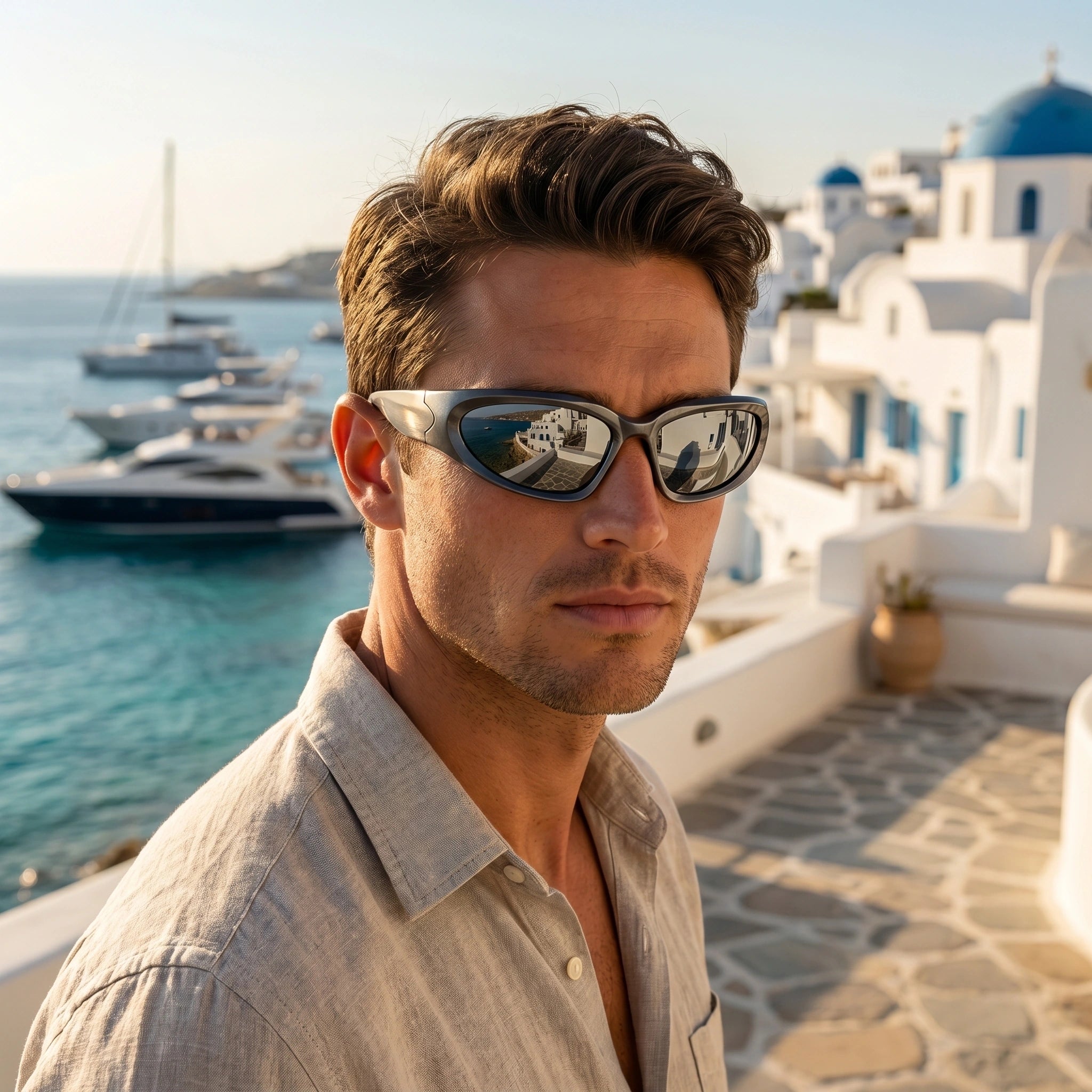 Close up view of the Mens Bold Retro Vintage Sunglasses showing intricate detailing, including bold frames and lenses against a neutral background.