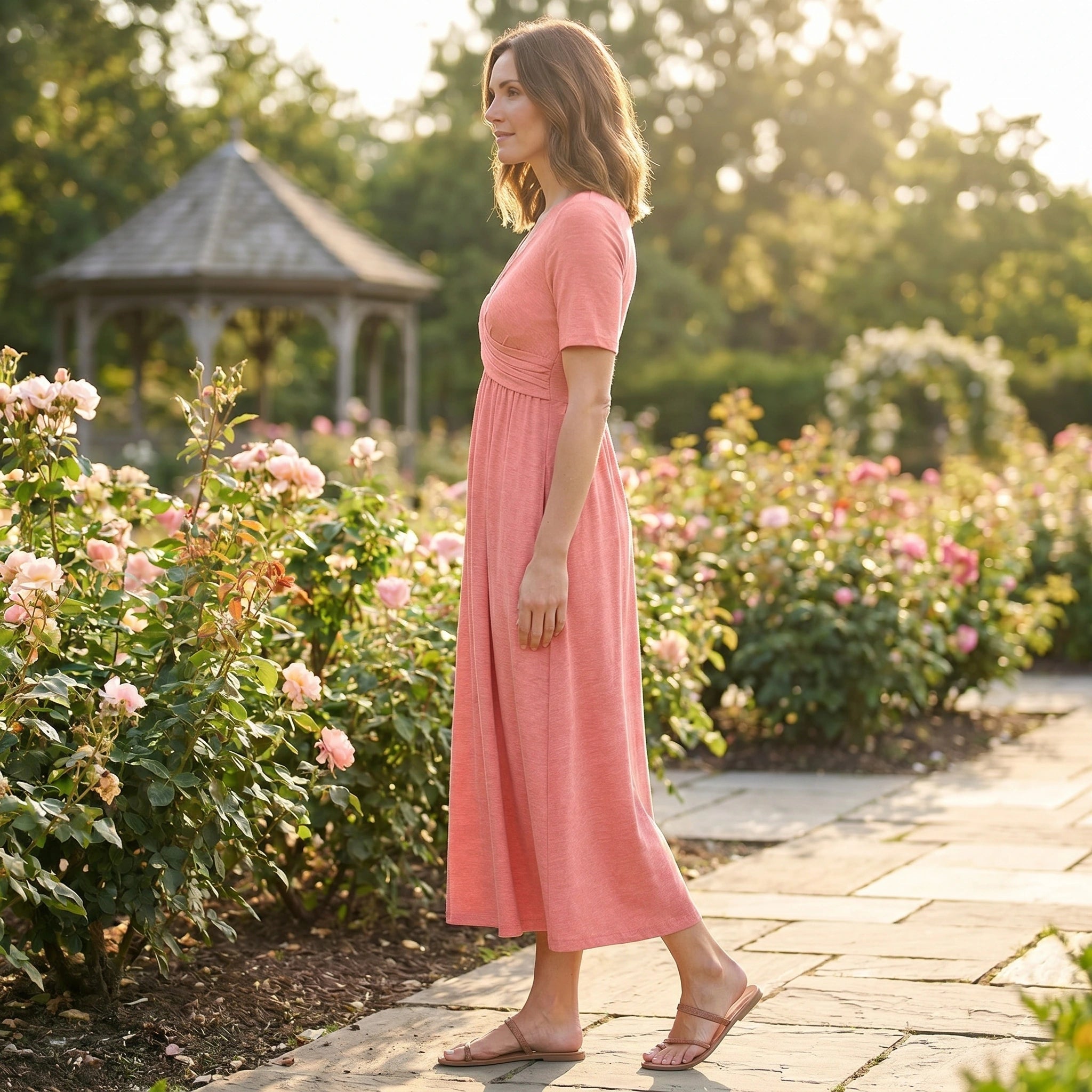 Close up view of the Womens Flattering Midi Dress showing the soft fabric texture and intricate stitching details against a neutral background.