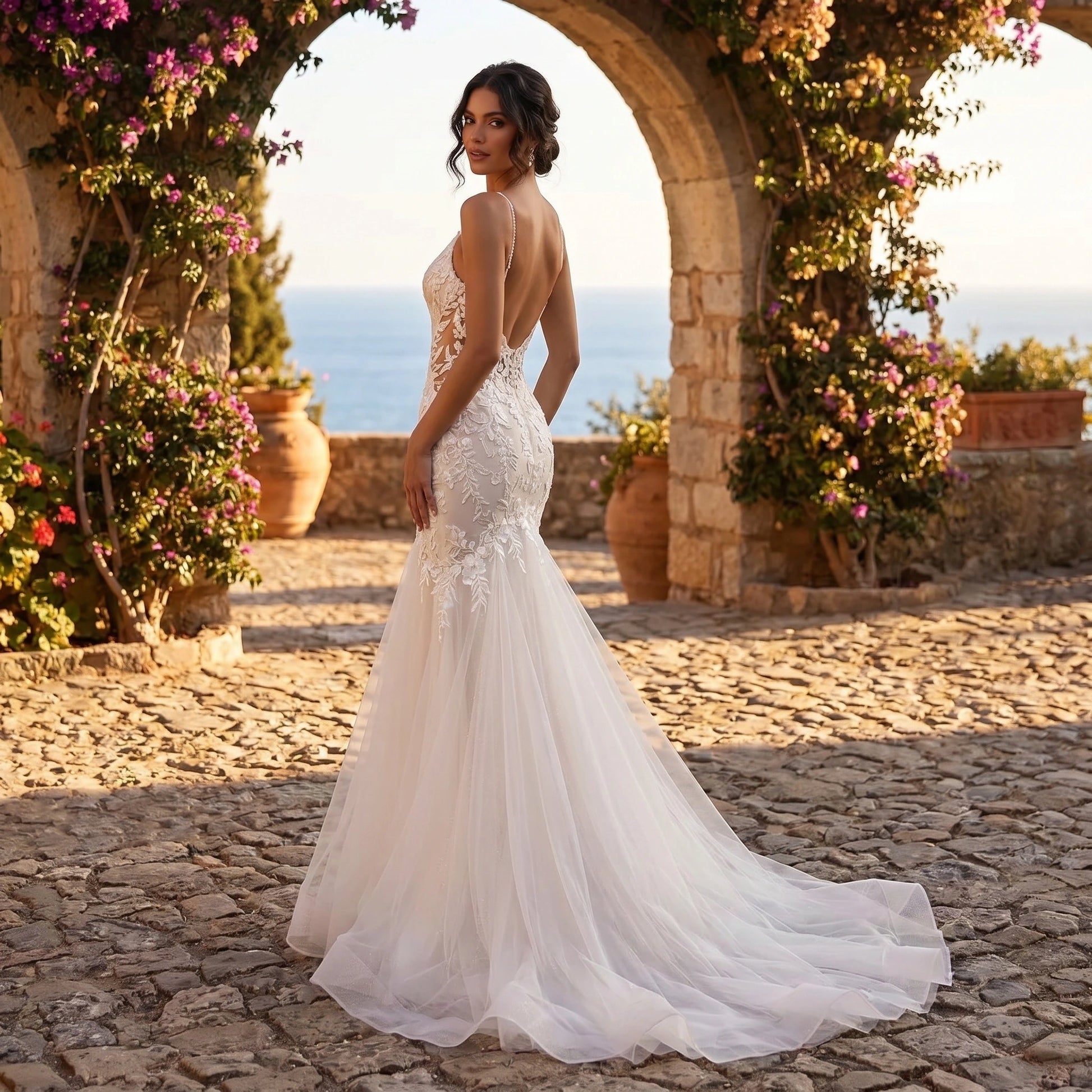 Close up of the Womens Backless Wedding Dress showing intricate stitching and luxurious fabric texture against a soft, neutral background.