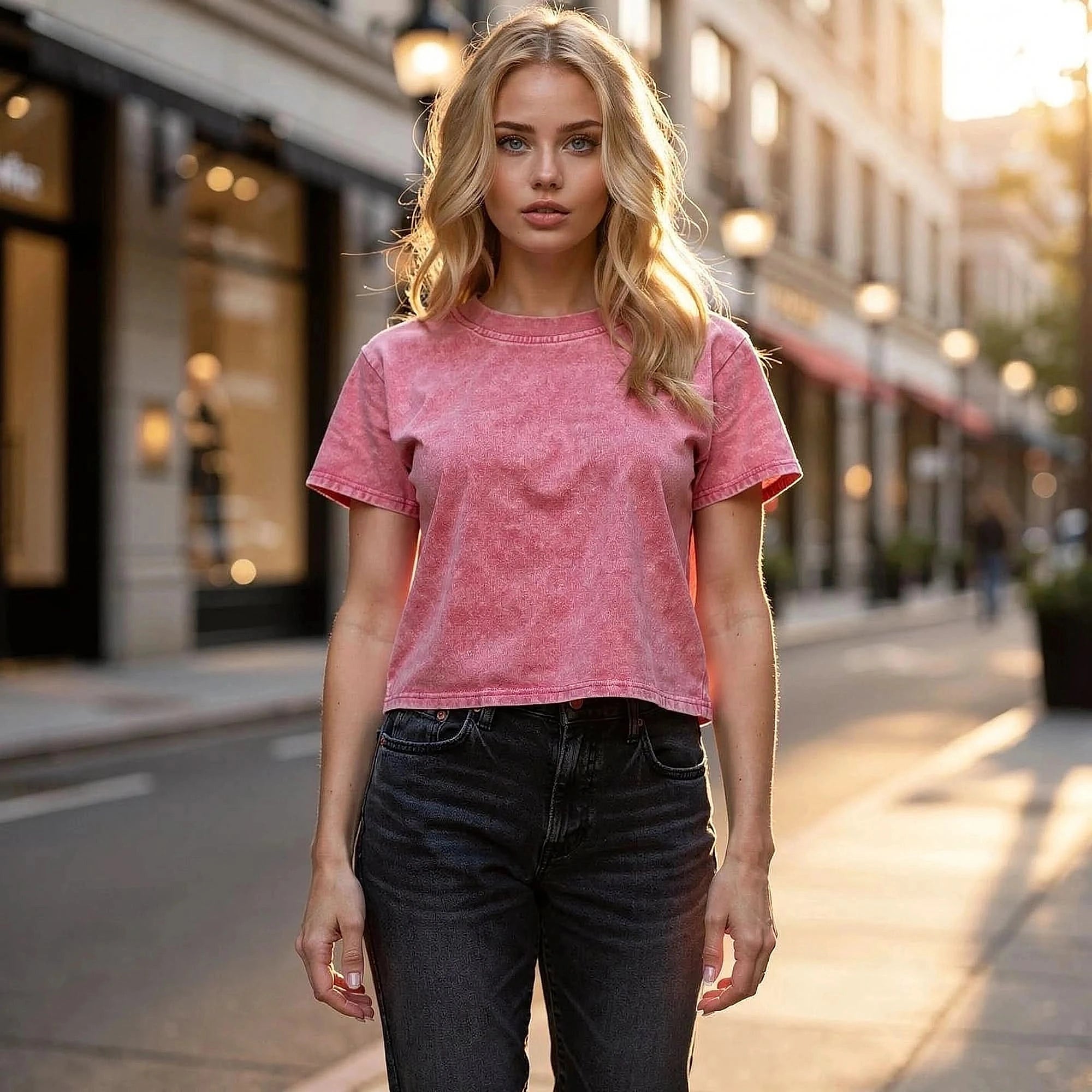 View of a slim elegant t shirt in soft fabric, featuring a classic round neckline and short sleeves in a light pastel color