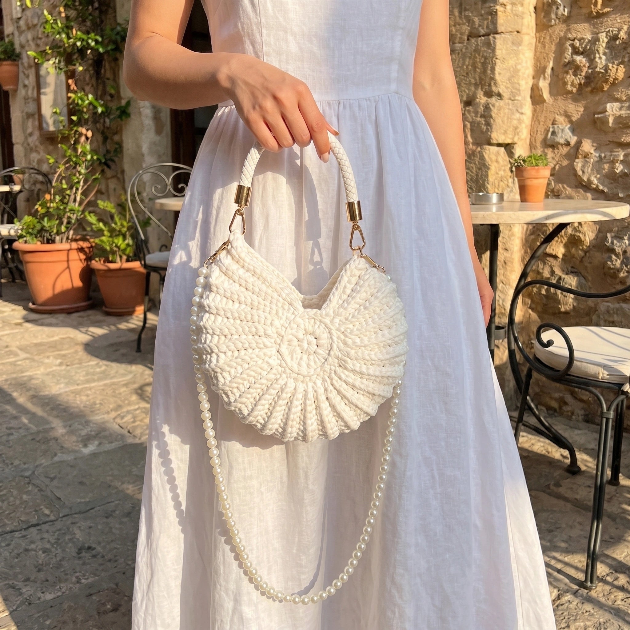 Close up view of the textured fabric and precise stitching of the Womens Charming Textured Summer Bag, showing its quality and design.