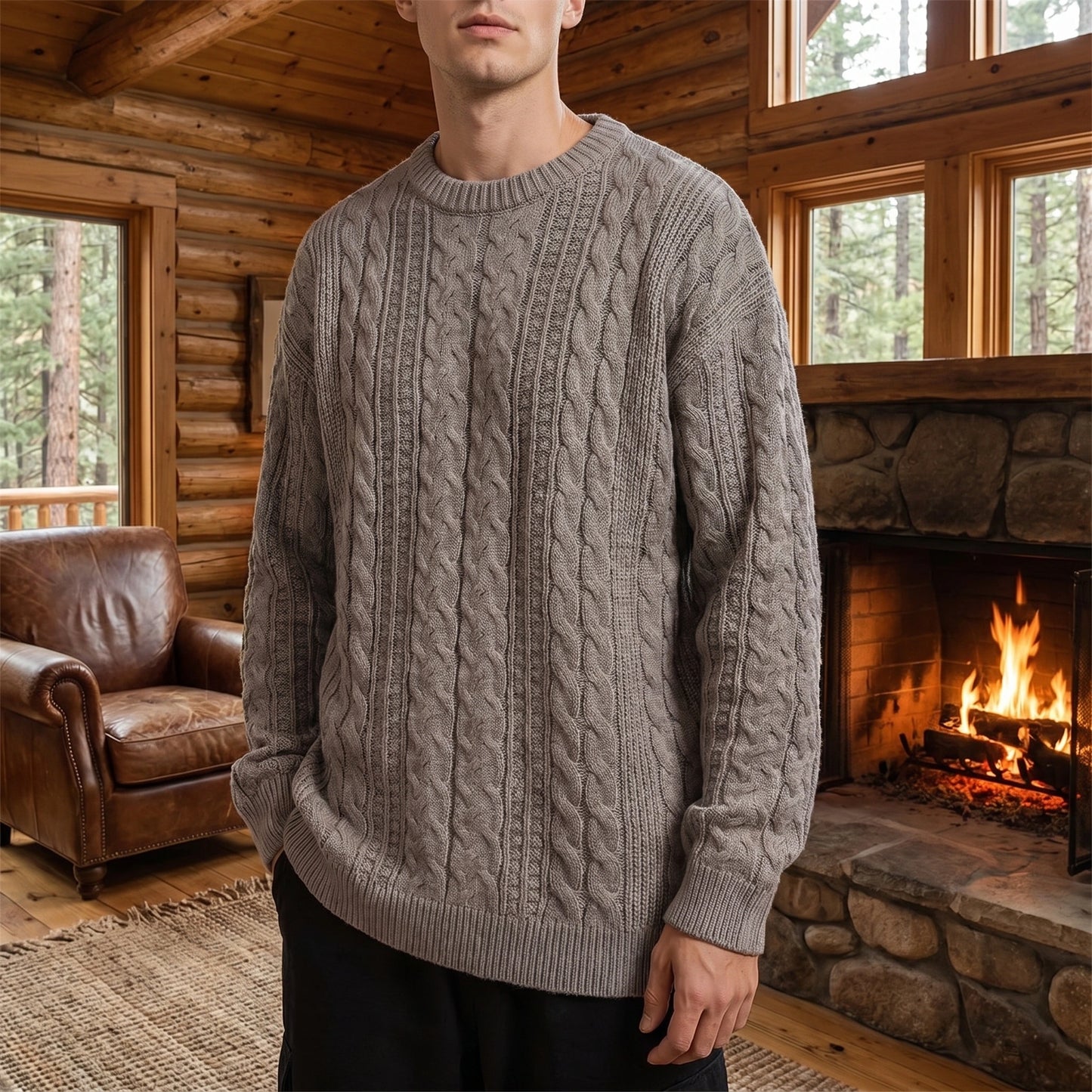 A model showcases the Mens Classic Cable Knit Quarter Zip Sweater in a rich navy color, styled with tailored trousers against a neutral backdrop.