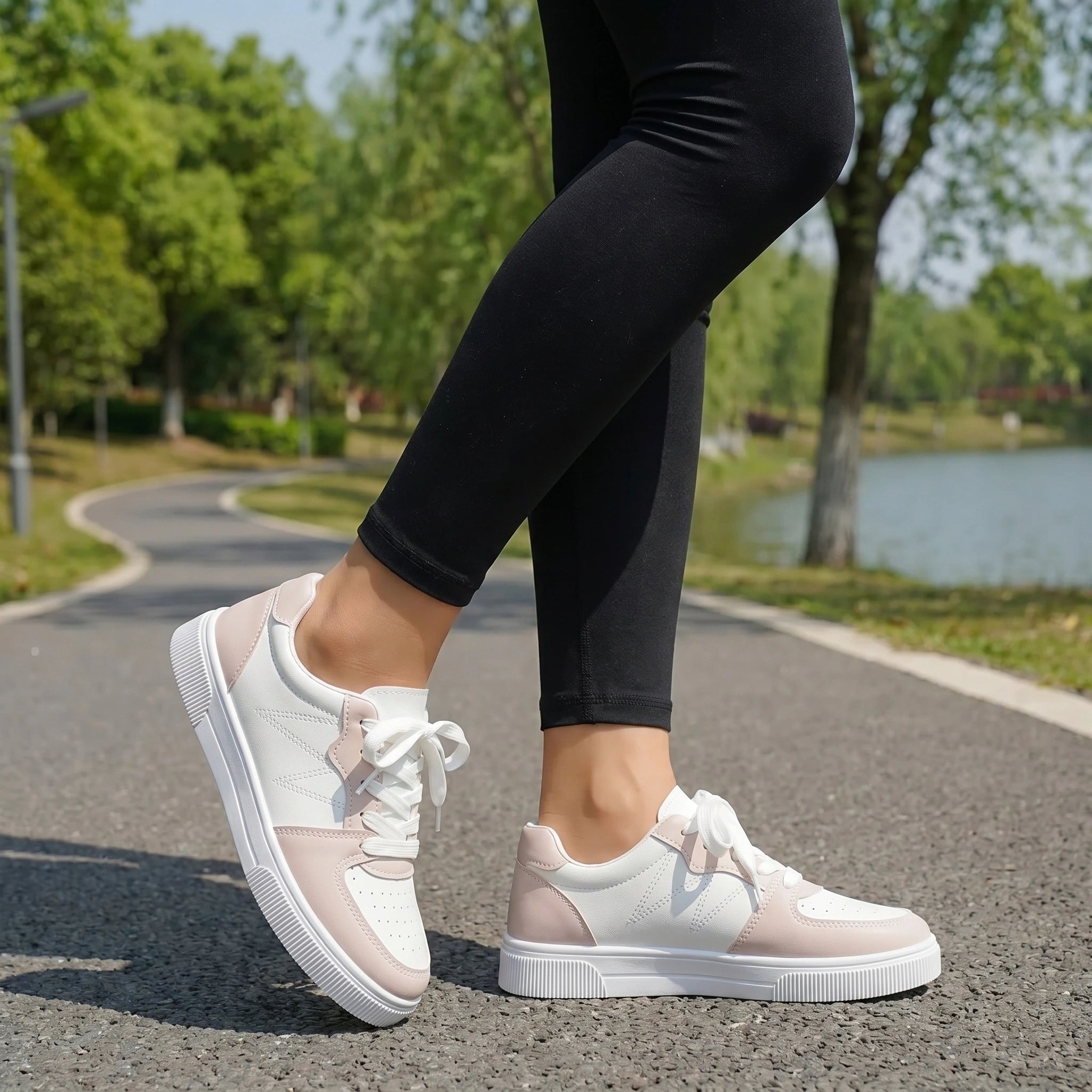 A model showcases the Womens Breathable Light Sport Sneakers in a full front view, styled with a casual outfit against a neutral background.