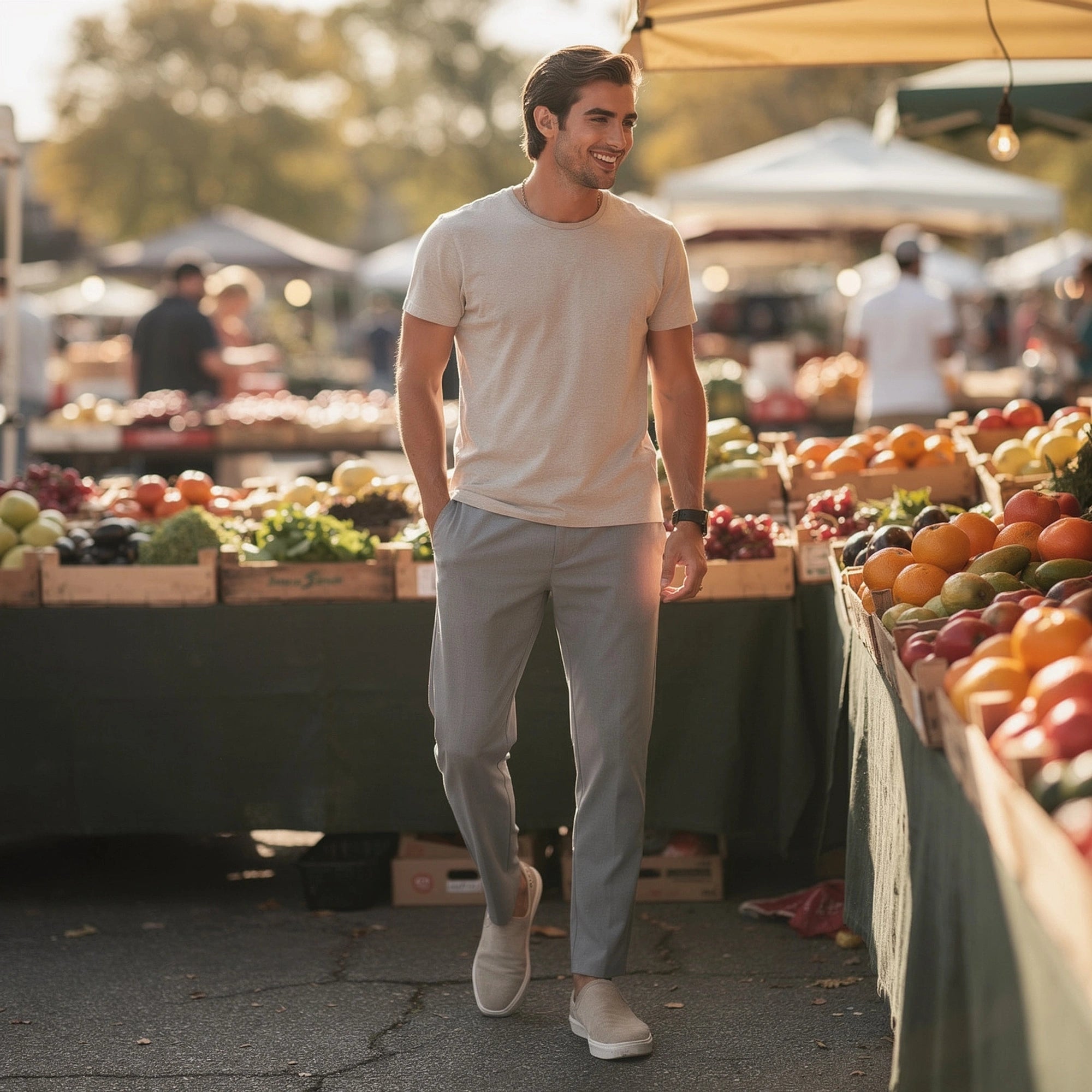 View of slim fit casual pants in a soft cotton blend, featuring a versatile gray color and subtle stitching accents